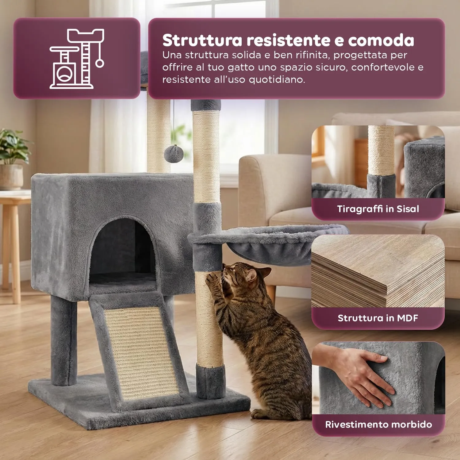 Avilia Albero Tiragraffi per Gatti 87 cm in Sisal con Amaca e Cuccia, Grigio - immagine 4