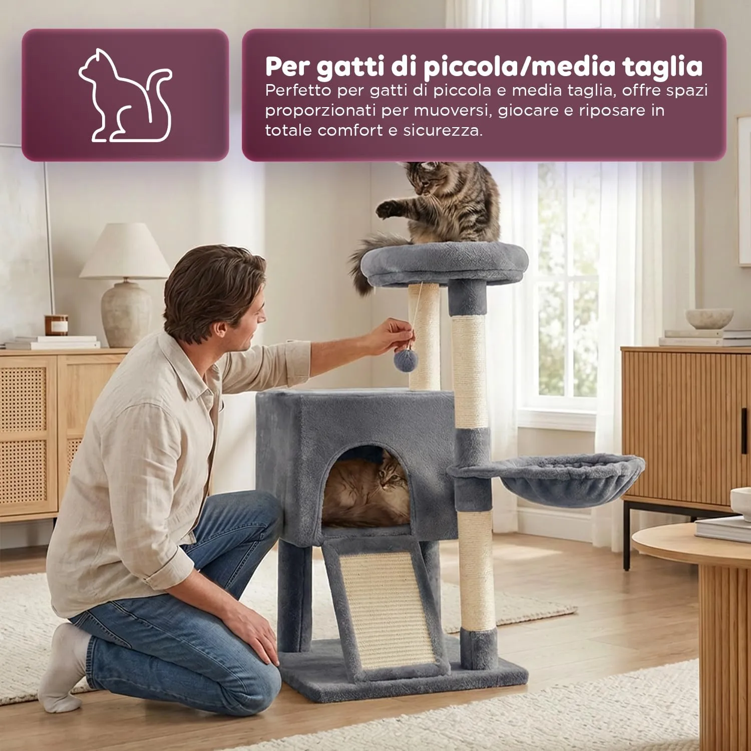 Avilia Albero Tiragraffi per Gatti 87 cm in Sisal con Amaca e Cuccia, Grigio - immagine 5
