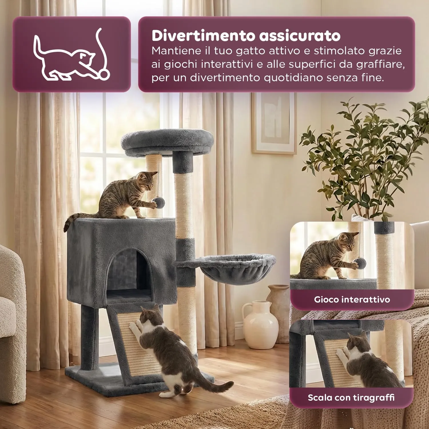 Avilia Albero Tiragraffi per Gatti 87 cm in Sisal con Amaca e Cuccia, Grigio - immagine 6