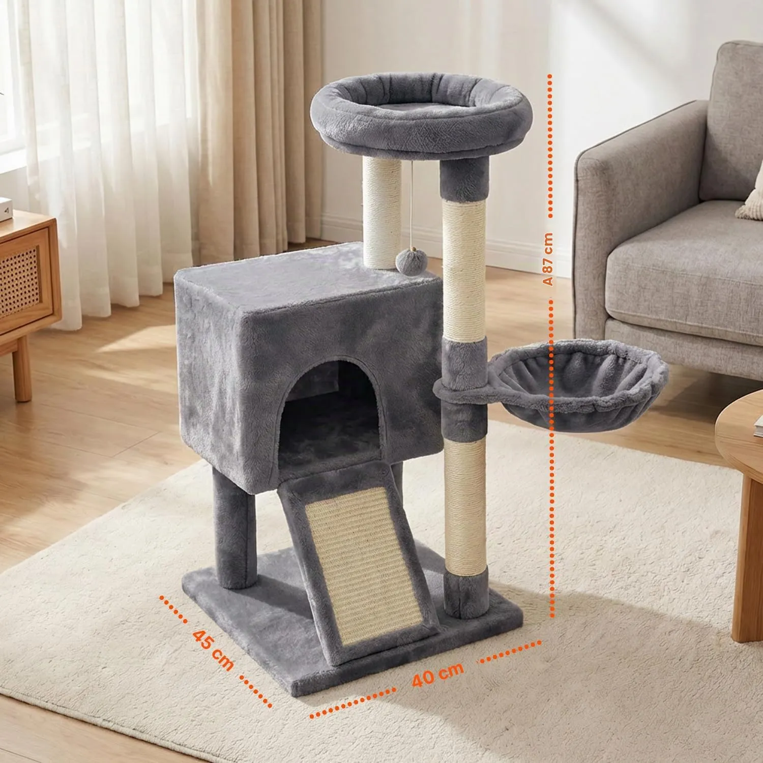 Avilia Albero Tiragraffi per Gatti 87 cm in Sisal con Amaca e Cuccia, Grigio - immagine 7