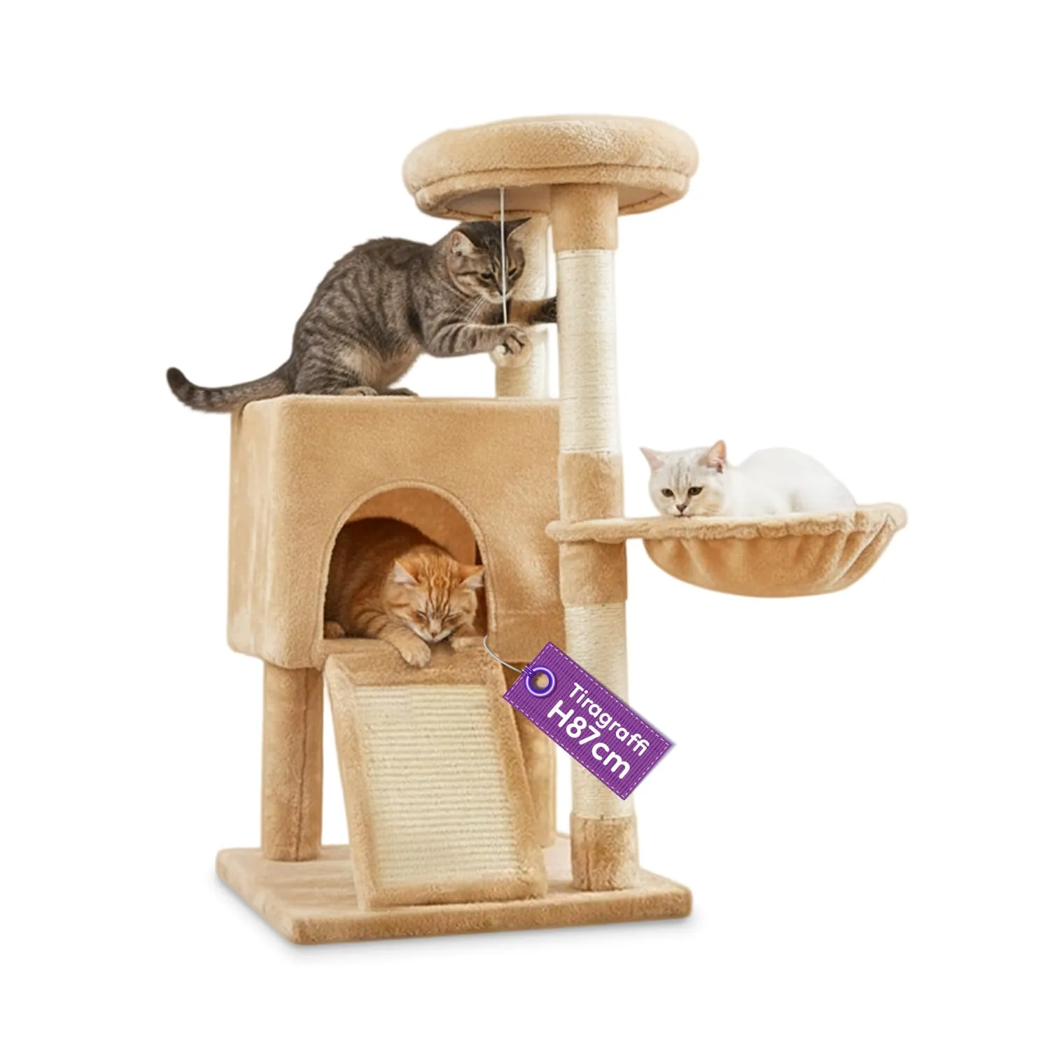 Avilia Albero Tiragraffi per Gatti 87 cm in Sisal con Amaca e Cuccia, Beige - immagine 1