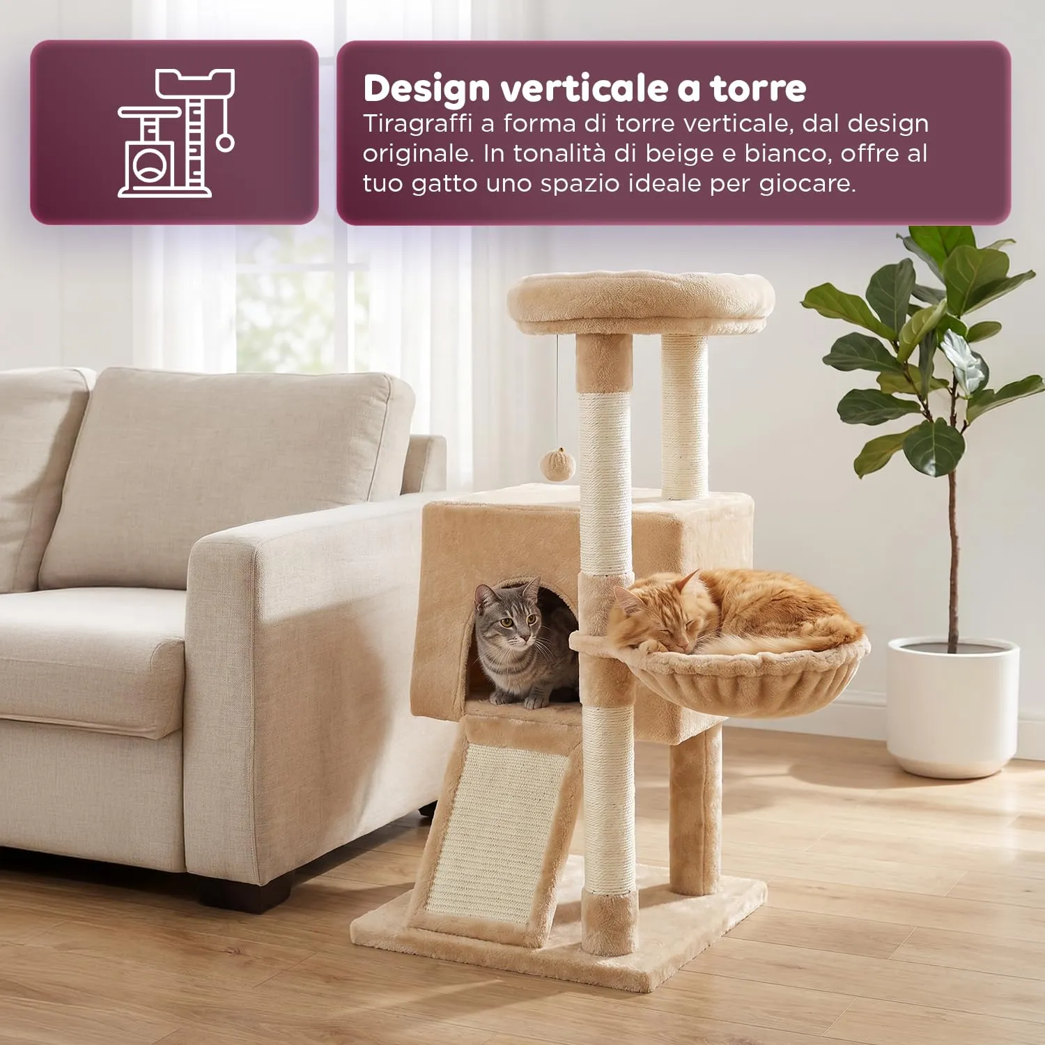 Avilia Albero Tiragraffi per Gatti 87 cm in Sisal con Amaca e Cuccia, Beige - immagine 2