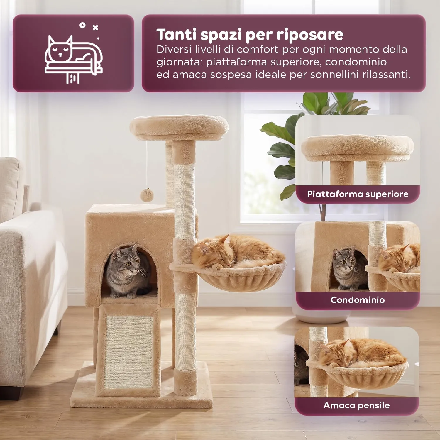 Avilia Albero Tiragraffi per Gatti 87 cm in Sisal con Amaca e Cuccia, Beige - immagine 3