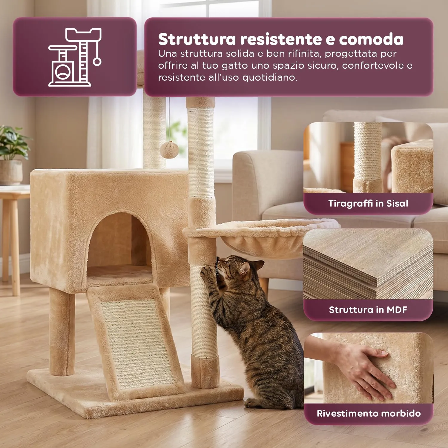Avilia Albero Tiragraffi per Gatti 87 cm in Sisal con Amaca e Cuccia, Beige - immagine 4