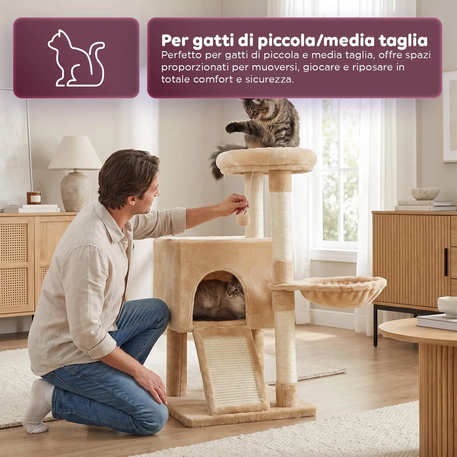 Avilia Albero Tiragraffi per Gatti 87 cm in Sisal con Amaca e Cuccia, Beige - immagine 5