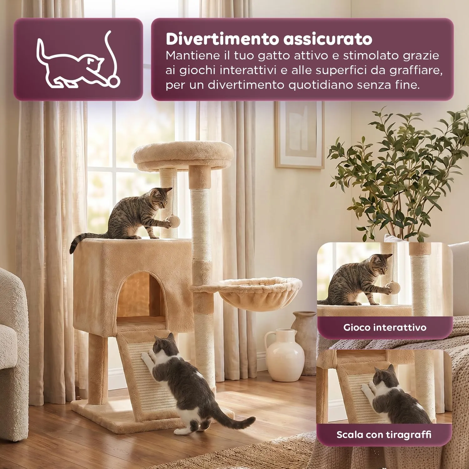 Avilia Albero Tiragraffi per Gatti 87 cm in Sisal con Amaca e Cuccia, Beige - immagine 6