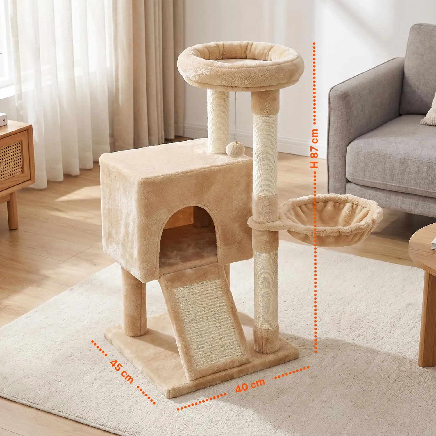 Avilia Albero Tiragraffi per Gatti 87 cm in Sisal con Amaca e Cuccia, Beige - immagine 7