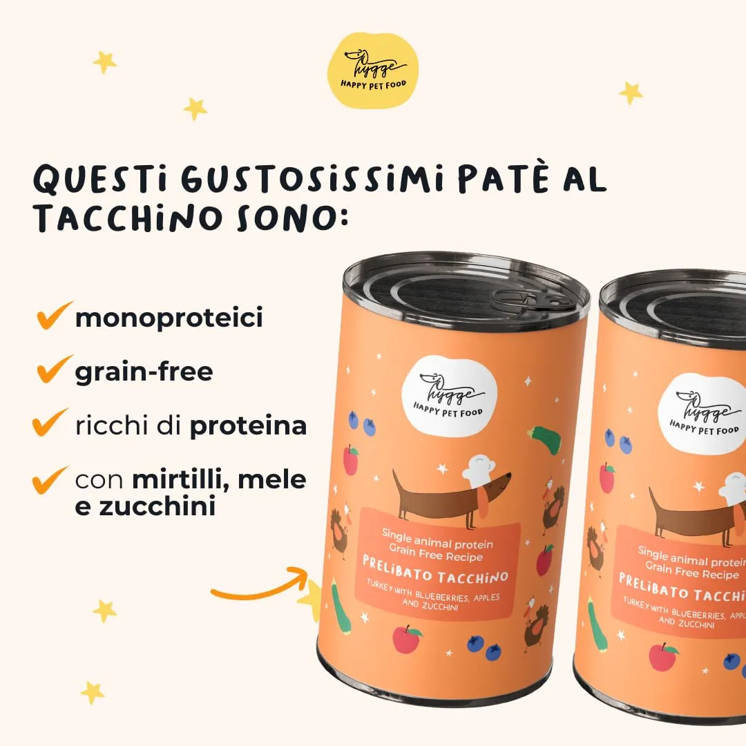 Hygge Cibo Umido Cani Monoproteico al Tacchino con Zucchine, Mele e Mirtilli, Senza Cereali, 12 x 400g - immagine 2