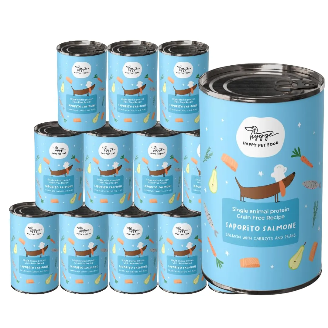 Hygge Dog Cibo Umido per Cani al Salmone, Monoproteico Senza Cereali con Carote e Pere, 12 x 400 g - immagine 1
