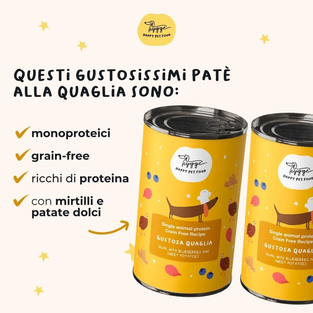 Hygge Cibo Umido per Cani alla Quaglia, Mirtilli e Patate Dolci, Monoproteico e Grain Free, 6 x 400g - immagine 2