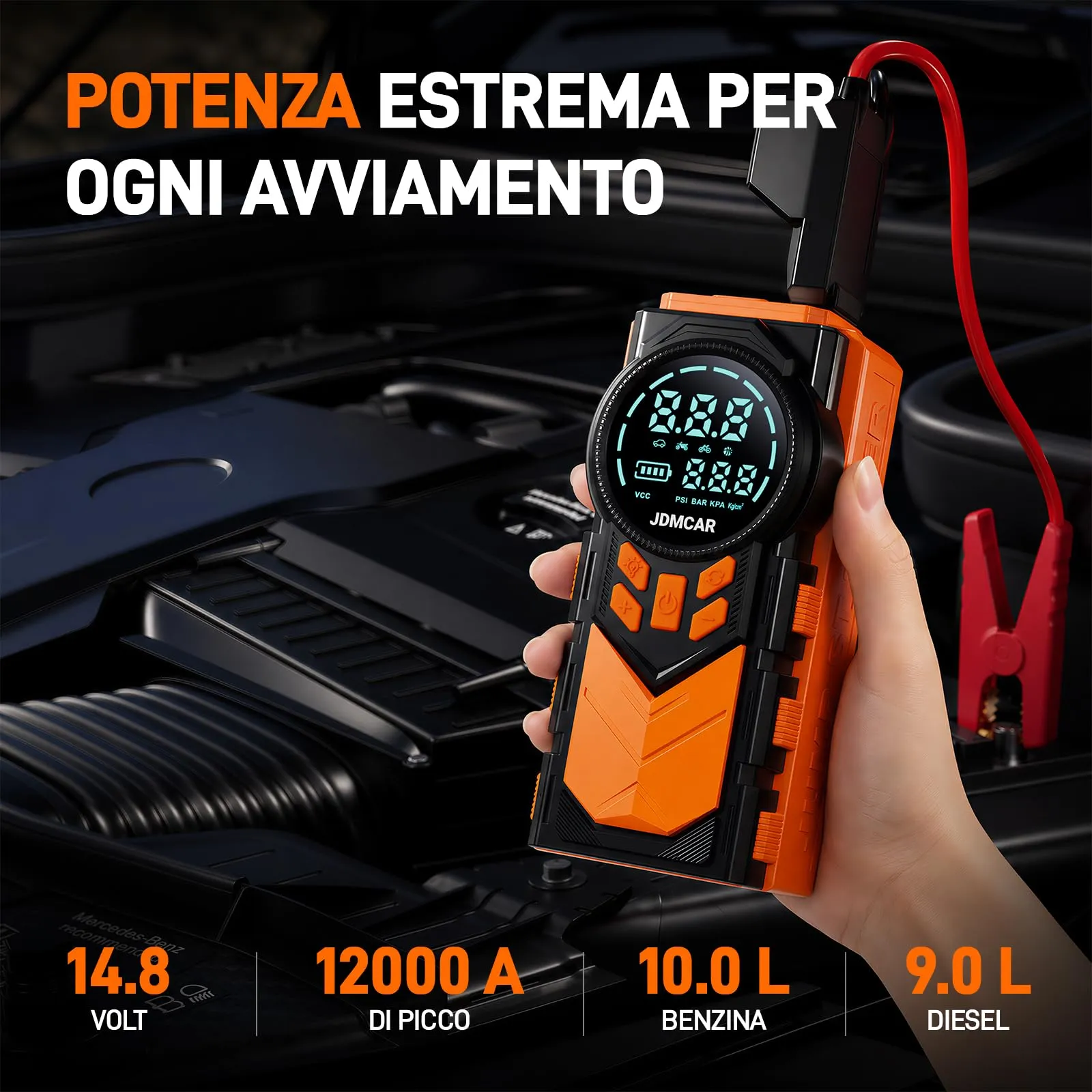 JDMCAR 12000A Booster Avviamento Auto e Compressore Aria Portatile 160PSI 4 in 1 - immagine 2