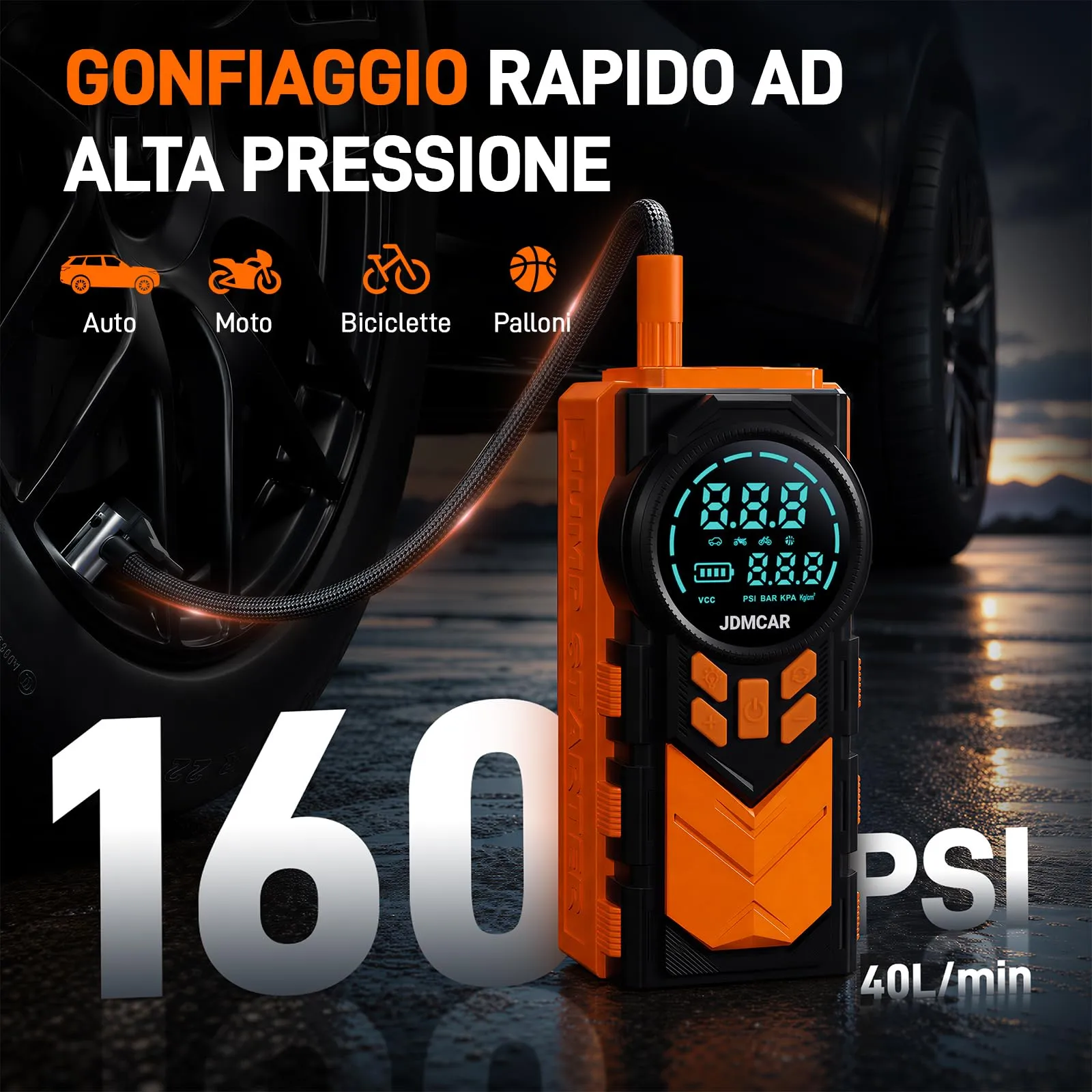 JDMCAR 12000A Booster Avviamento Auto e Compressore Aria Portatile 160PSI 4 in 1 - immagine 3