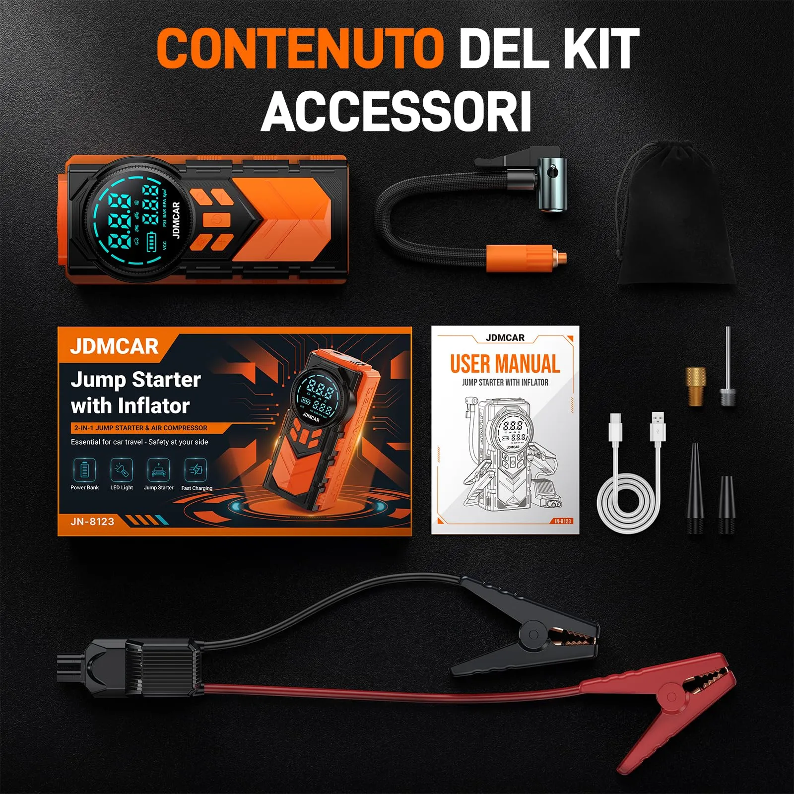 JDMCAR 12000A Booster Avviamento Auto e Compressore Aria Portatile 160PSI 4 in 1 - immagine 9