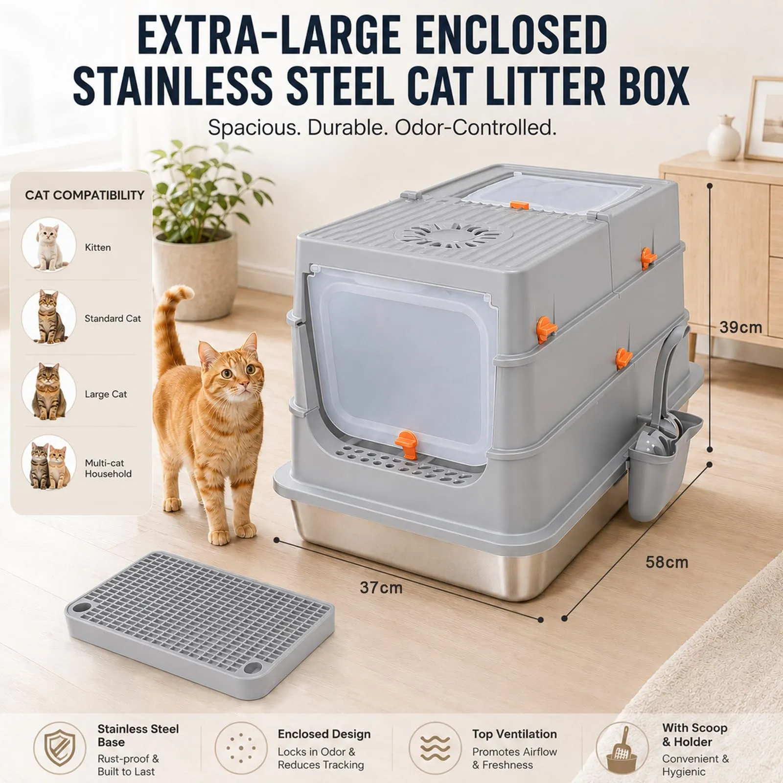 Eosarcu Lettiera per Gatti Chiusa in Acciaio Inox, 58 x 39 x 37 cm, Taglia XXL con Pala - immagine 2