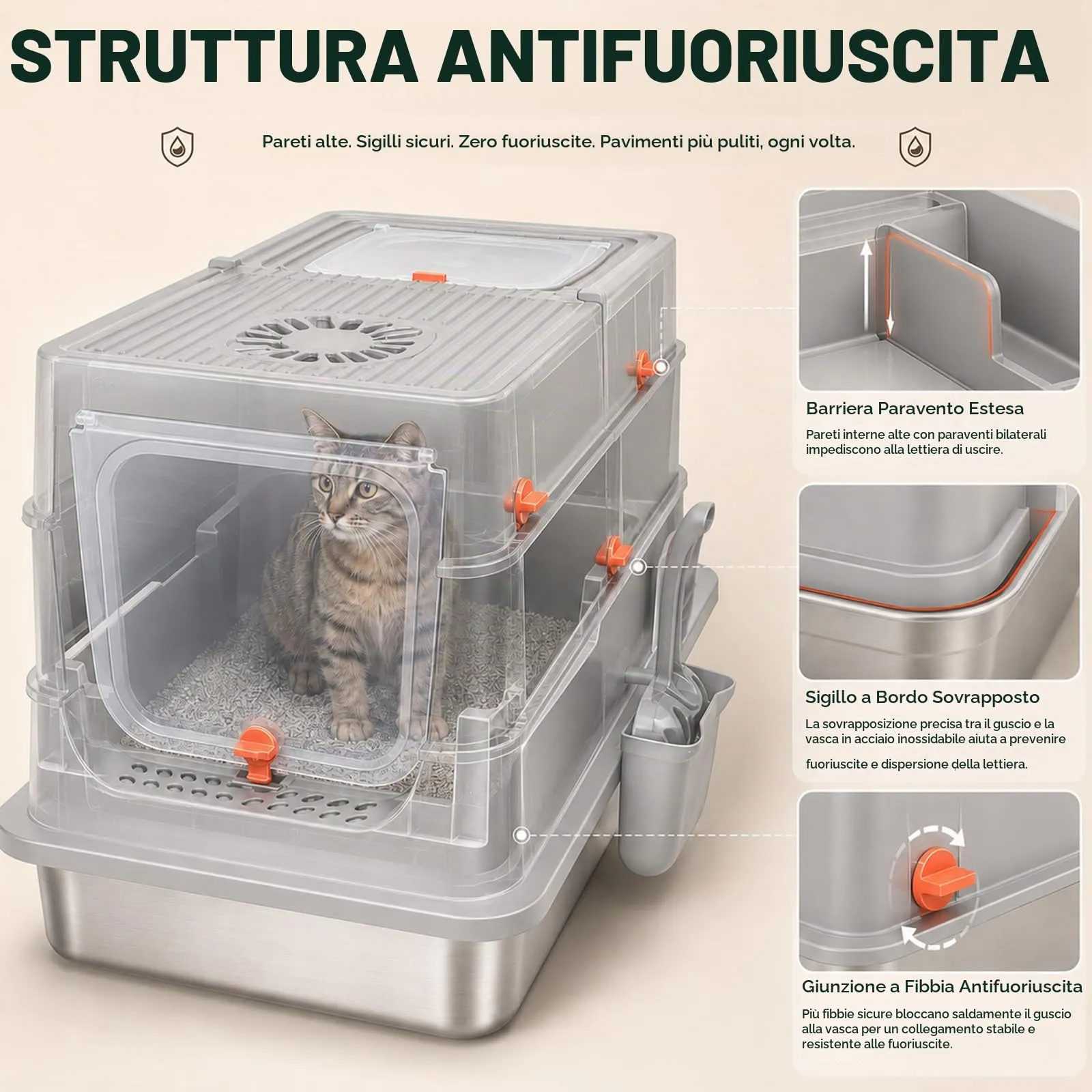 Eosarcu Lettiera per Gatti Chiusa in Acciaio Inox, 58 x 39 x 37 cm, Taglia XXL con Pala - immagine 3