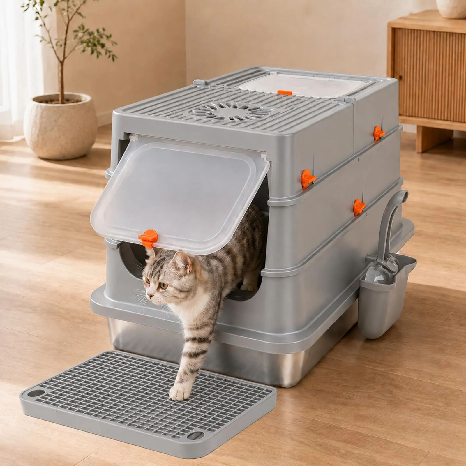 Eosarcu Lettiera per Gatti Chiusa in Acciaio Inox, 58 x 39 x 37 cm, Taglia XXL con Pala - immagine 5