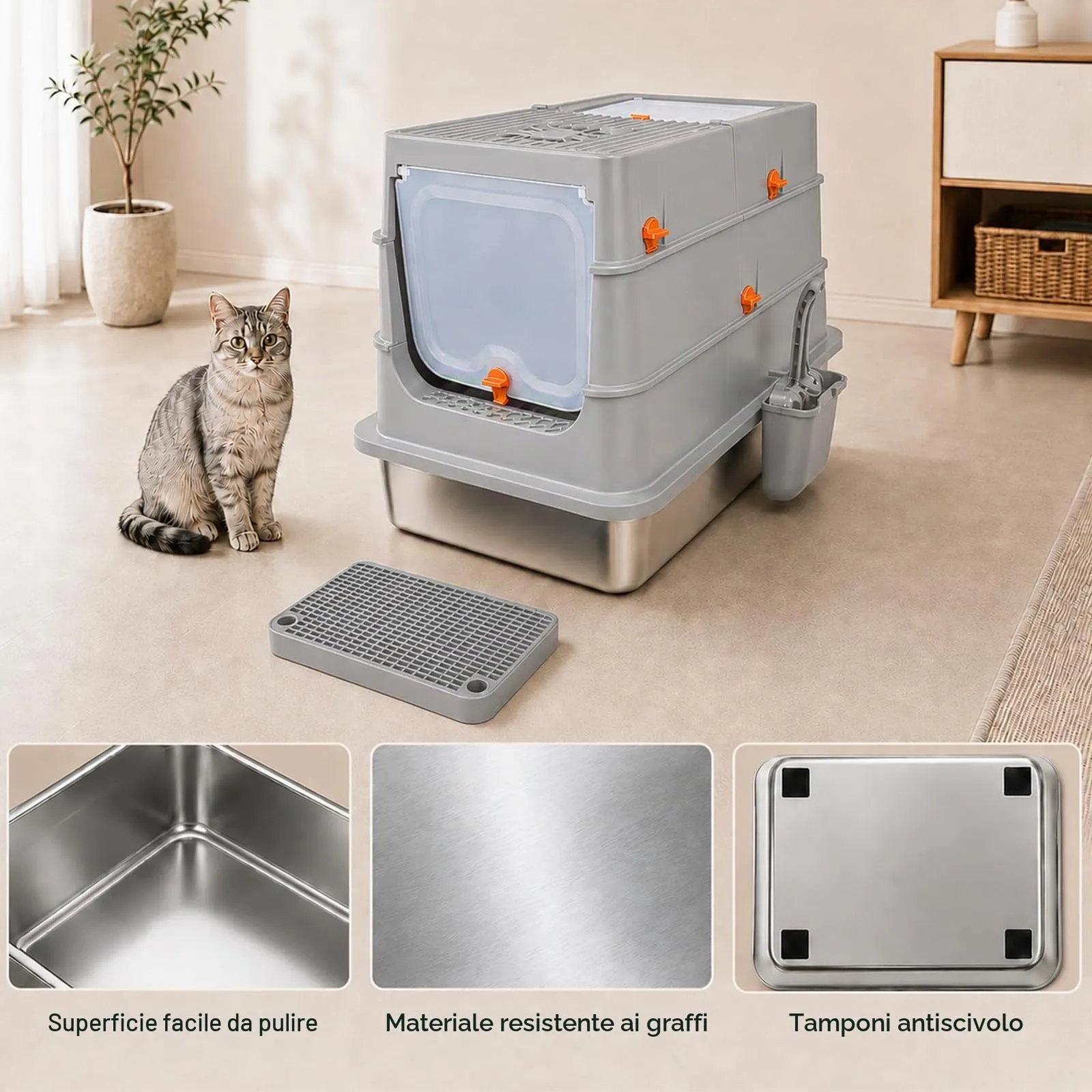 Eosarcu Lettiera per Gatti Chiusa in Acciaio Inox, 58 x 39 x 37 cm, Taglia XXL con Pala - immagine 6
