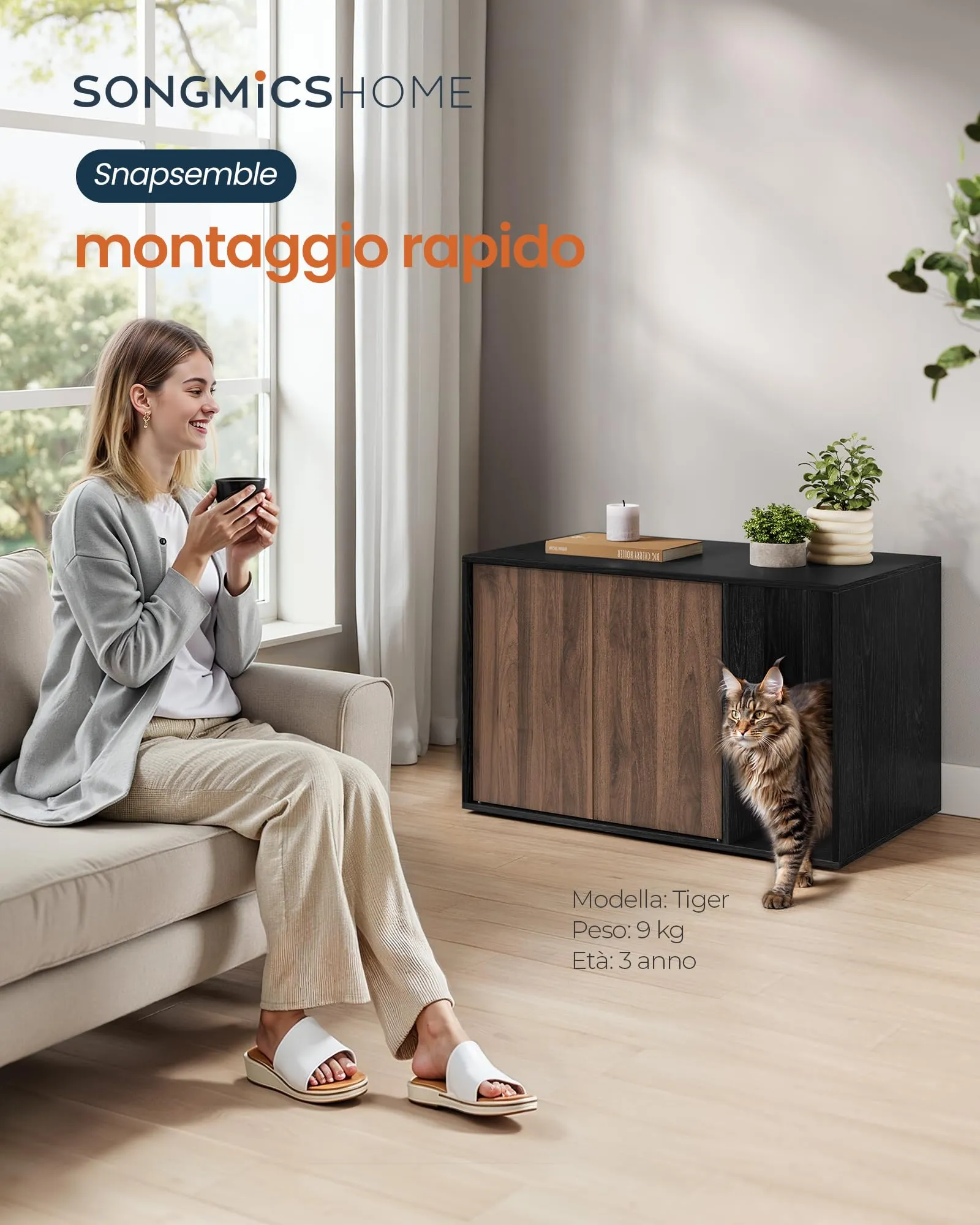 SONGMICS HOME Mobiletto Lettiera per Gatti Snapsemble, Nero Ebano e Noce Naturale, 80 x 50 x 50 cm - immagine 2
