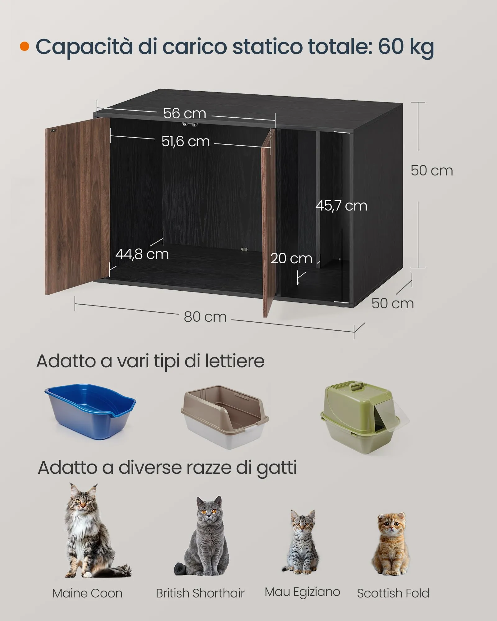 SONGMICS HOME Mobiletto Lettiera per Gatti Snapsemble, Nero Ebano e Noce Naturale, 80 x 50 x 50 cm - immagine 4