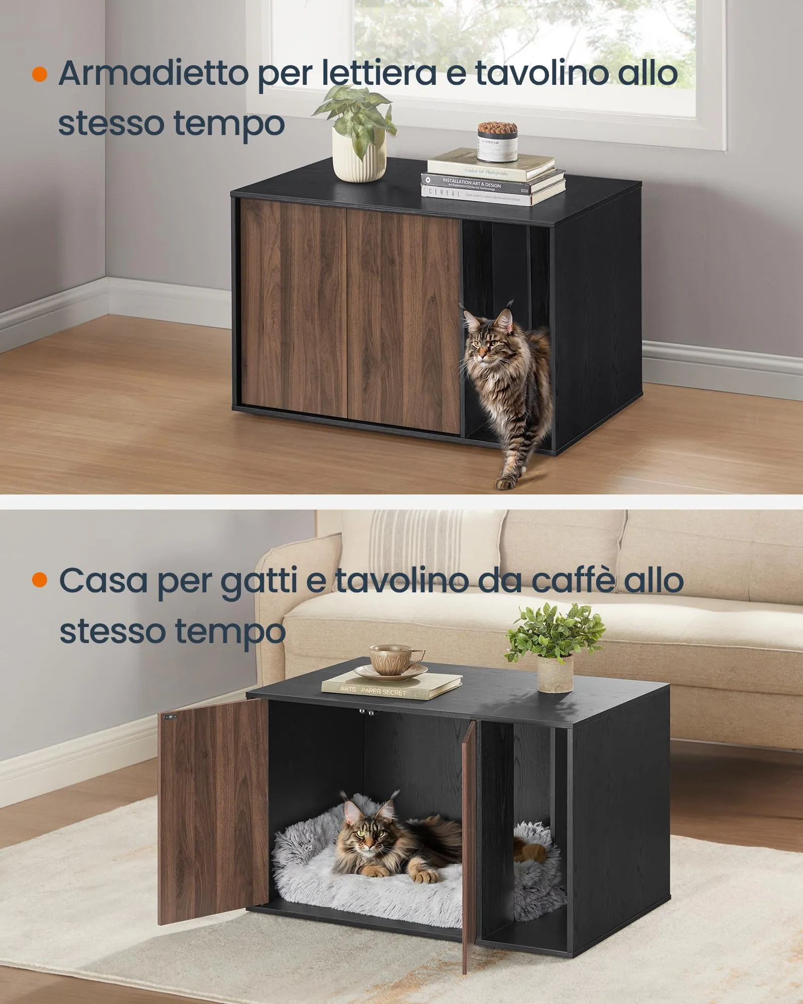 SONGMICS HOME Mobiletto Lettiera per Gatti Snapsemble, Nero Ebano e Noce Naturale, 80 x 50 x 50 cm - immagine 6