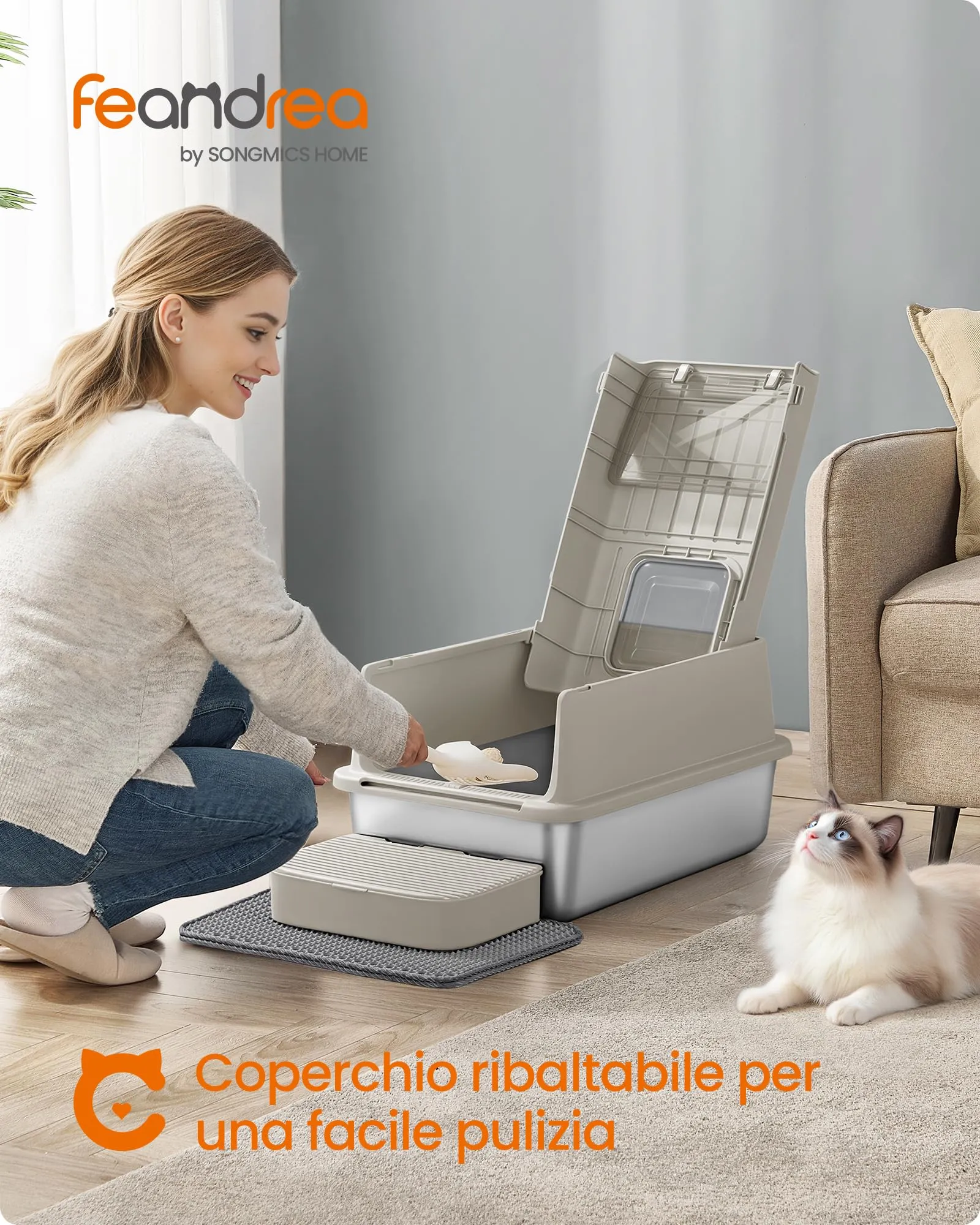 Feandrea Lettiera per Gatti Chiusa in Acciaio Inossidabile, 60 x 40 x 38 cm - immagine 2