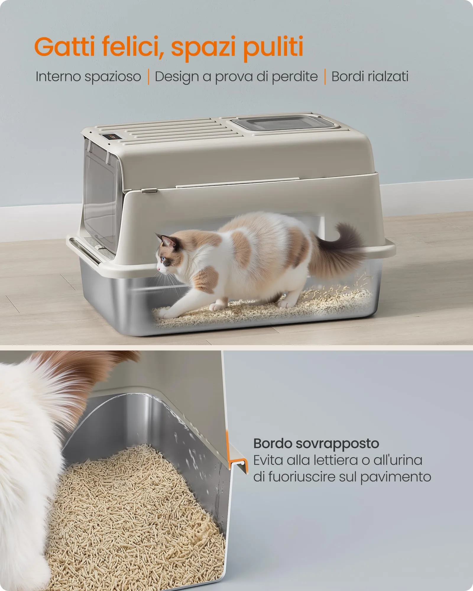 Feandrea Lettiera per Gatti Chiusa in Acciaio Inossidabile, 60 x 40 x 38 cm - immagine 4
