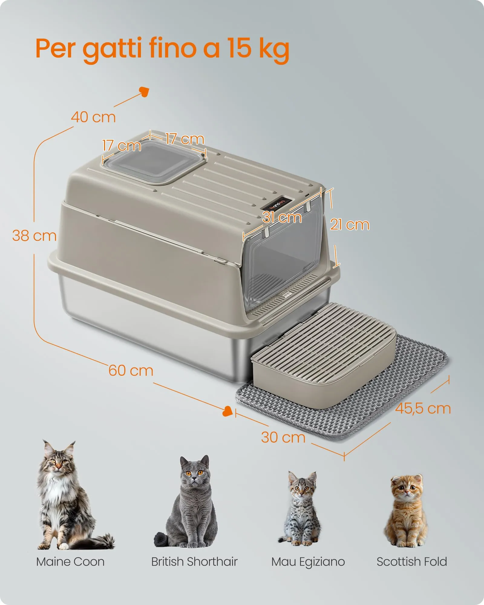 Feandrea Lettiera per Gatti Chiusa in Acciaio Inossidabile, 60 x 40 x 38 cm - immagine 6