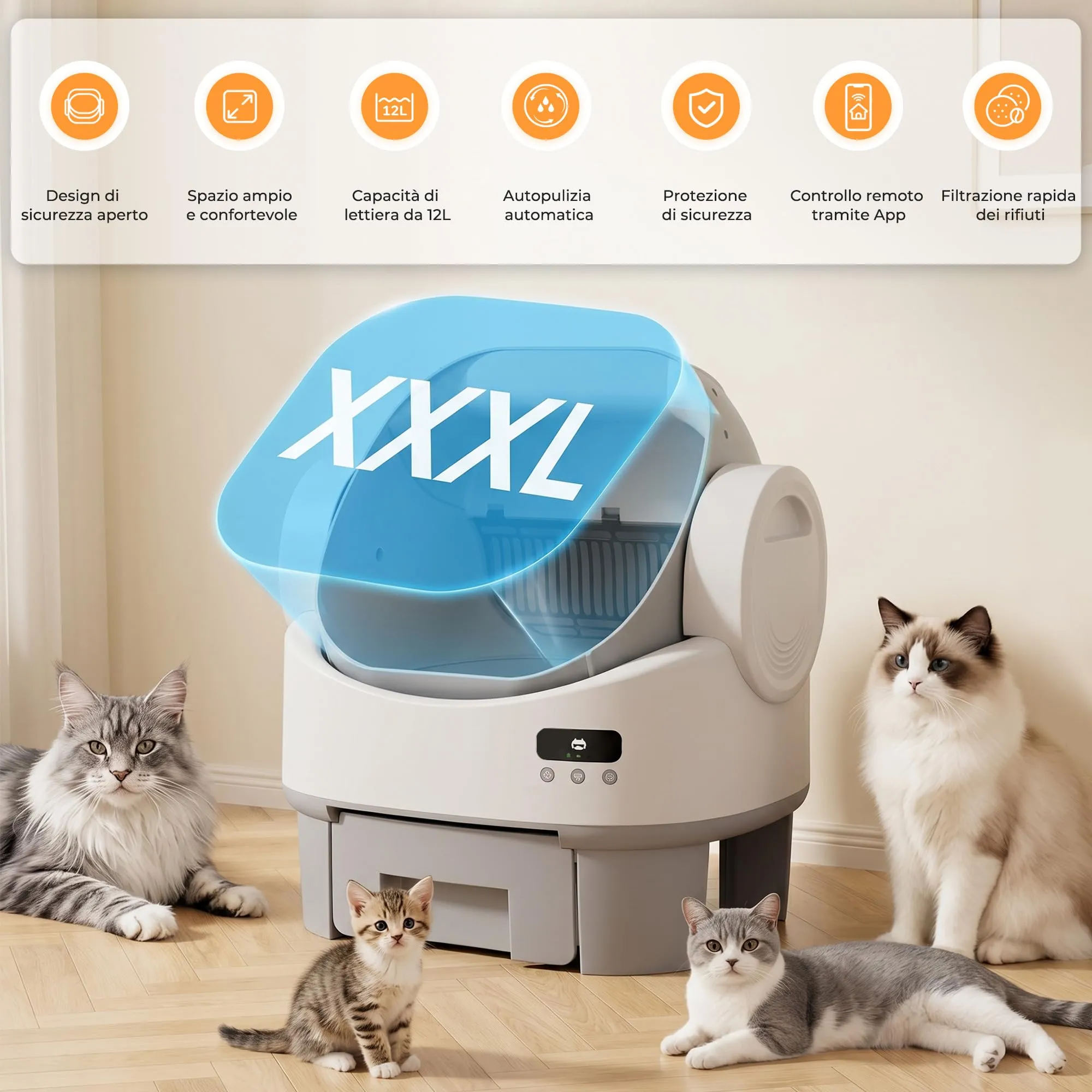 JUMMICO Lettiera Autopulente per Gatti Intelligente, Design Aperto, Capacità XXL 12L, Monitoraggio App e Controllo Odori - immagine 6