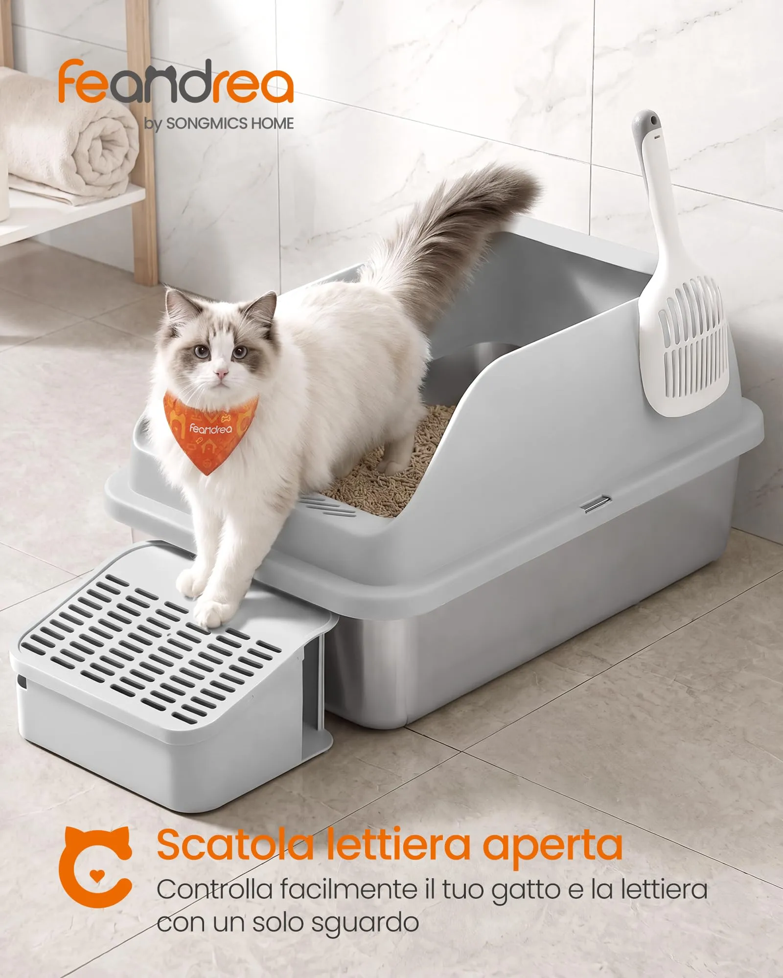 Feandrea Lettiera per Gatti in Acciaio Inossidabile Aperta con Bordi Alti, Grigio Tortora, 62 x 42 x 30 cm - immagine 2