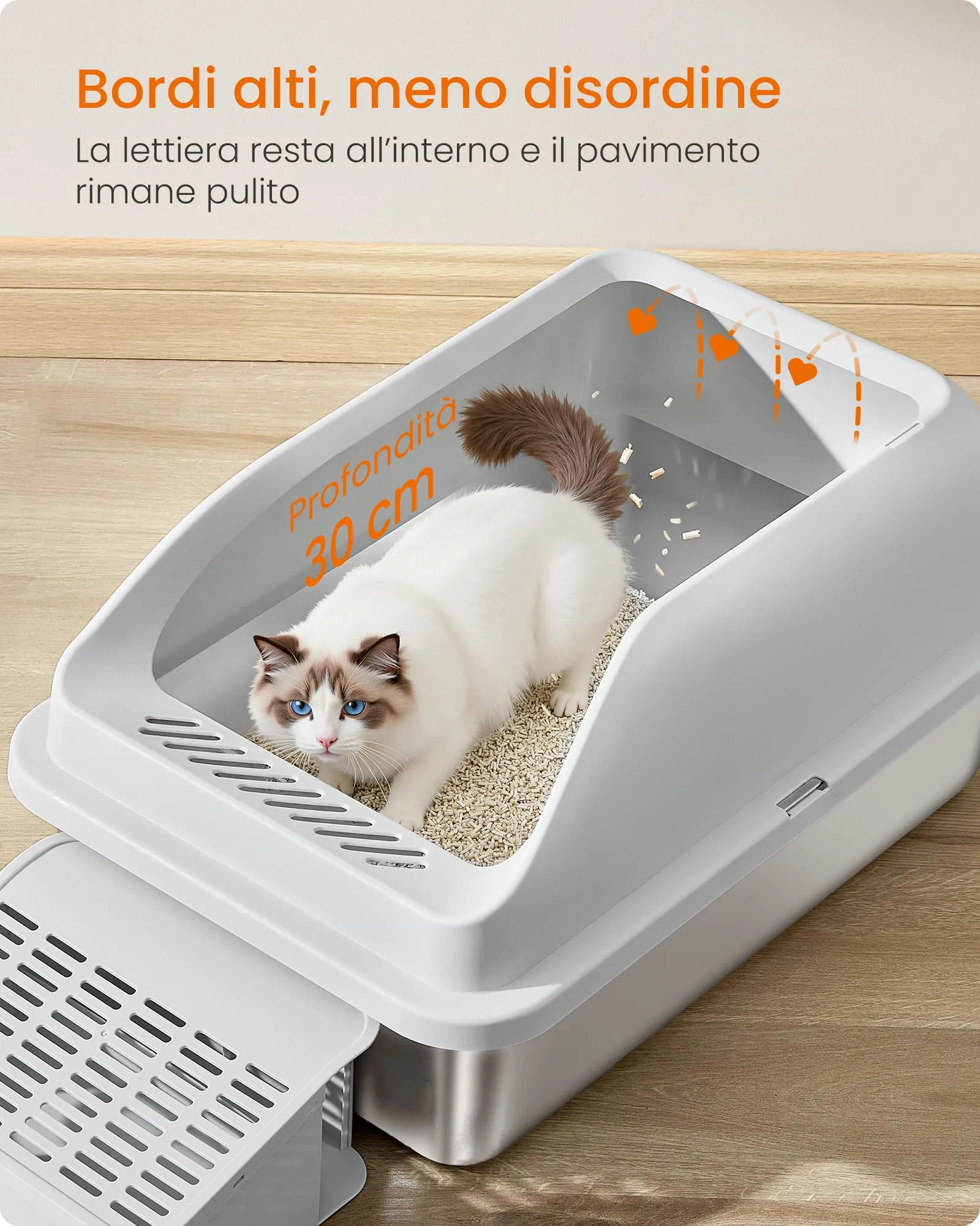 Feandrea Lettiera per Gatti in Acciaio Inossidabile Aperta con Bordi Alti, Grigio Tortora, 62 x 42 x 30 cm - immagine 4