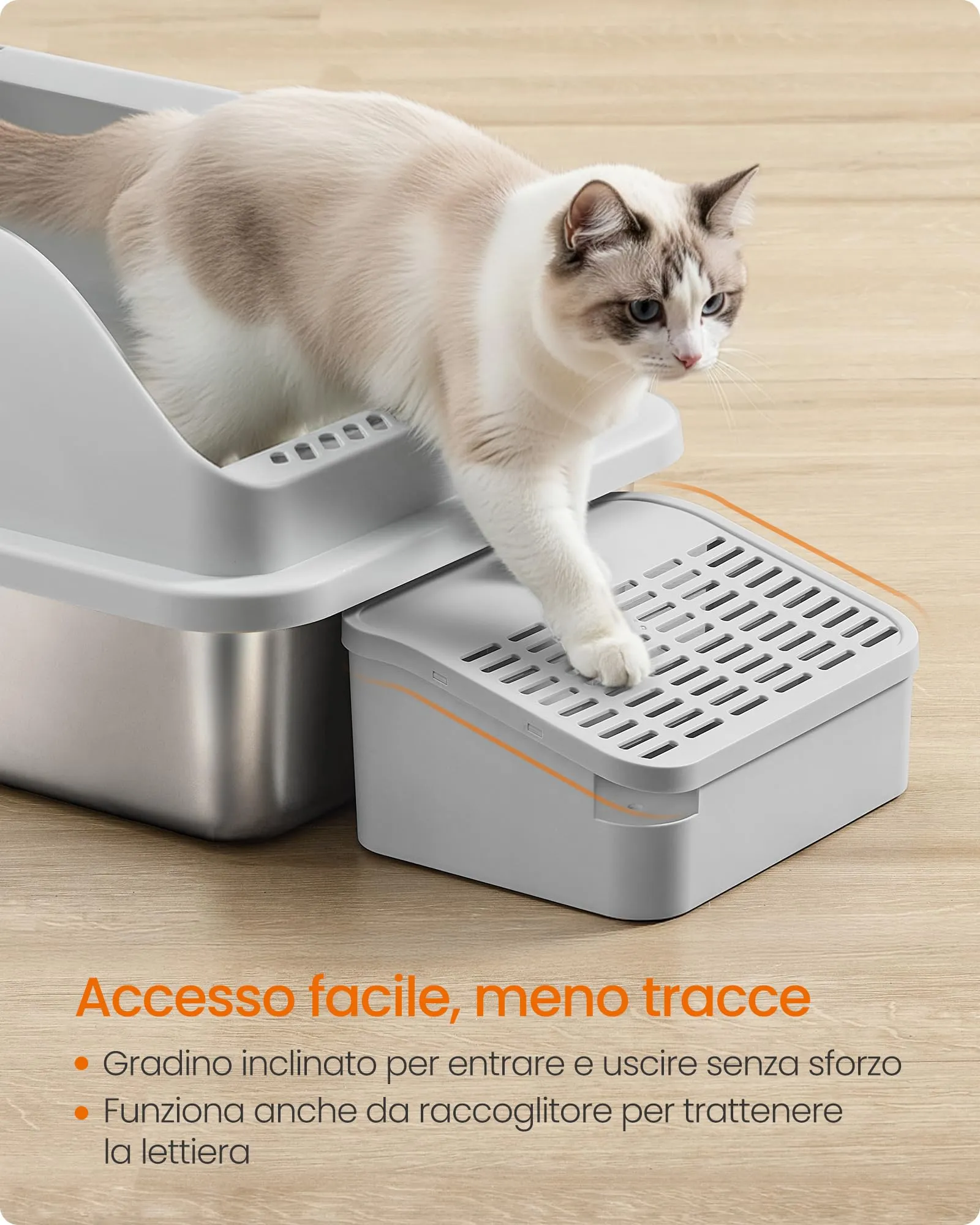 Feandrea Lettiera per Gatti in Acciaio Inossidabile Aperta con Bordi Alti, Grigio Tortora, 62 x 42 x 30 cm - immagine 5