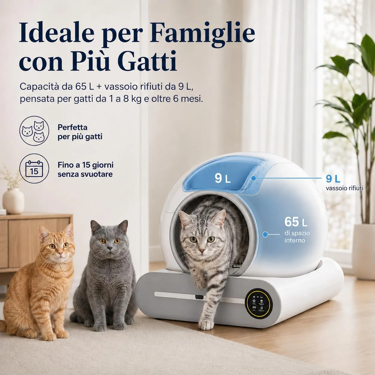 PaaWings Lettiera Gatto Autopulente XXL 65L con Cassetto Rifiuti 9L per Gatti 1-8 kg - immagine 5