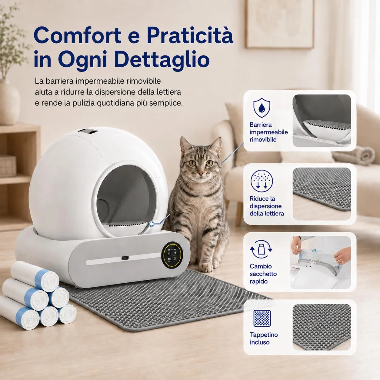 PaaWings Lettiera Gatto Autopulente XXL 65L con Cassetto Rifiuti 9L per Gatti 1-8 kg - immagine 7
