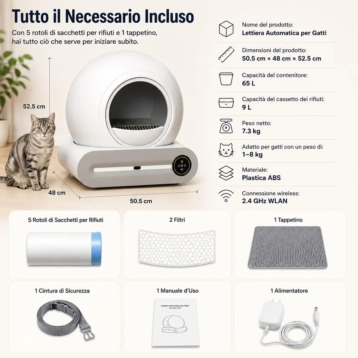 PaaWings Lettiera Gatto Autopulente XXL 65L con Cassetto Rifiuti 9L per Gatti 1-8 kg - immagine 8