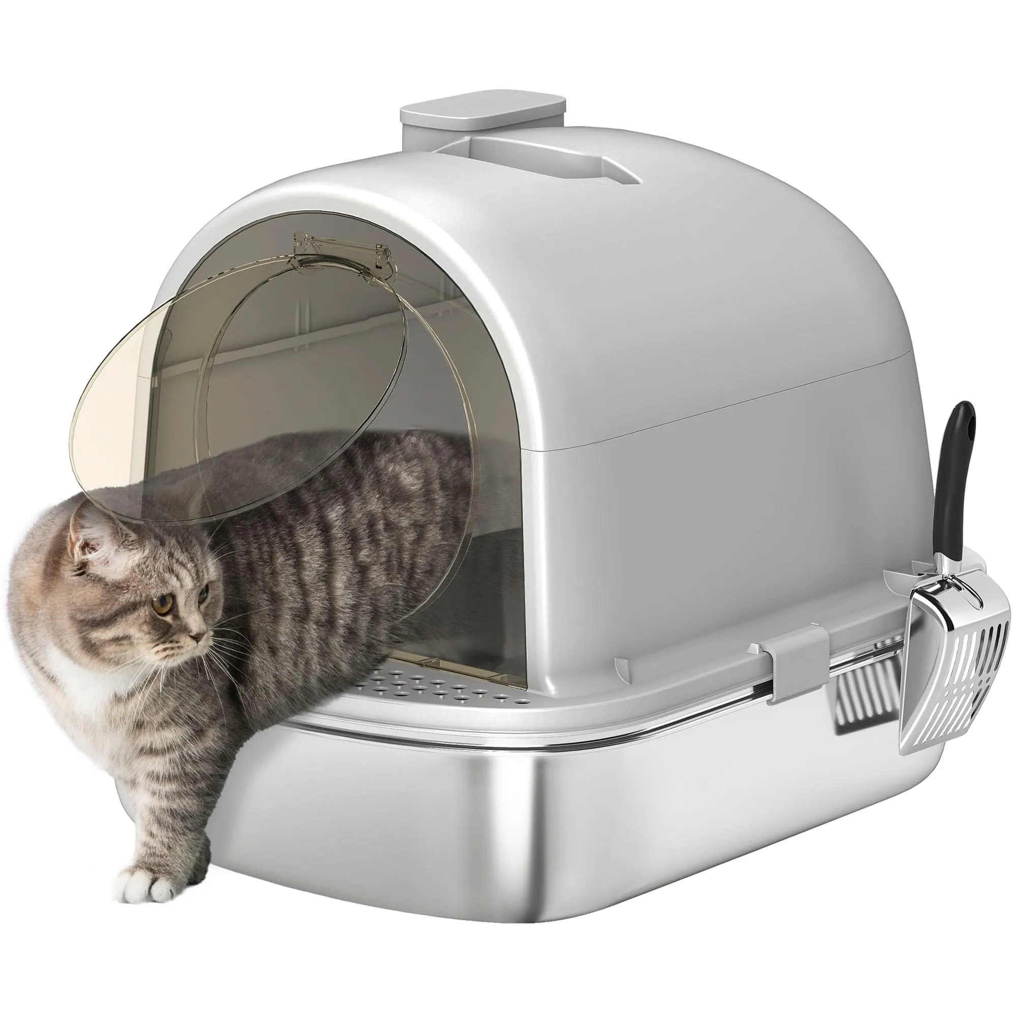 PawHut Lettiera Gatto Chiusa in Acciaio Inox con Maniglia, Grigio - immagine 1