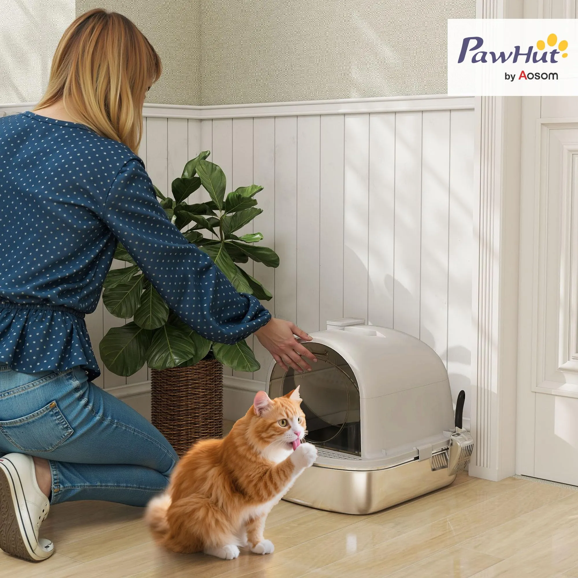 PawHut Lettiera Gatto Chiusa in Acciaio Inox con Maniglia, Grigio - immagine 2