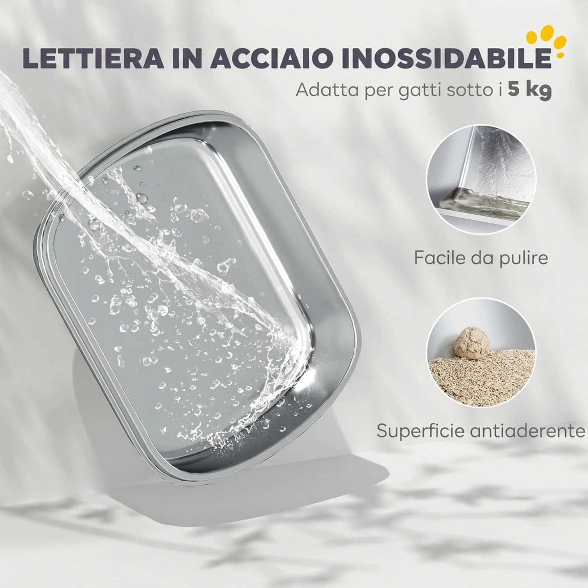 PawHut Lettiera Gatto Chiusa in Acciaio Inox con Maniglia, Grigio - immagine 3