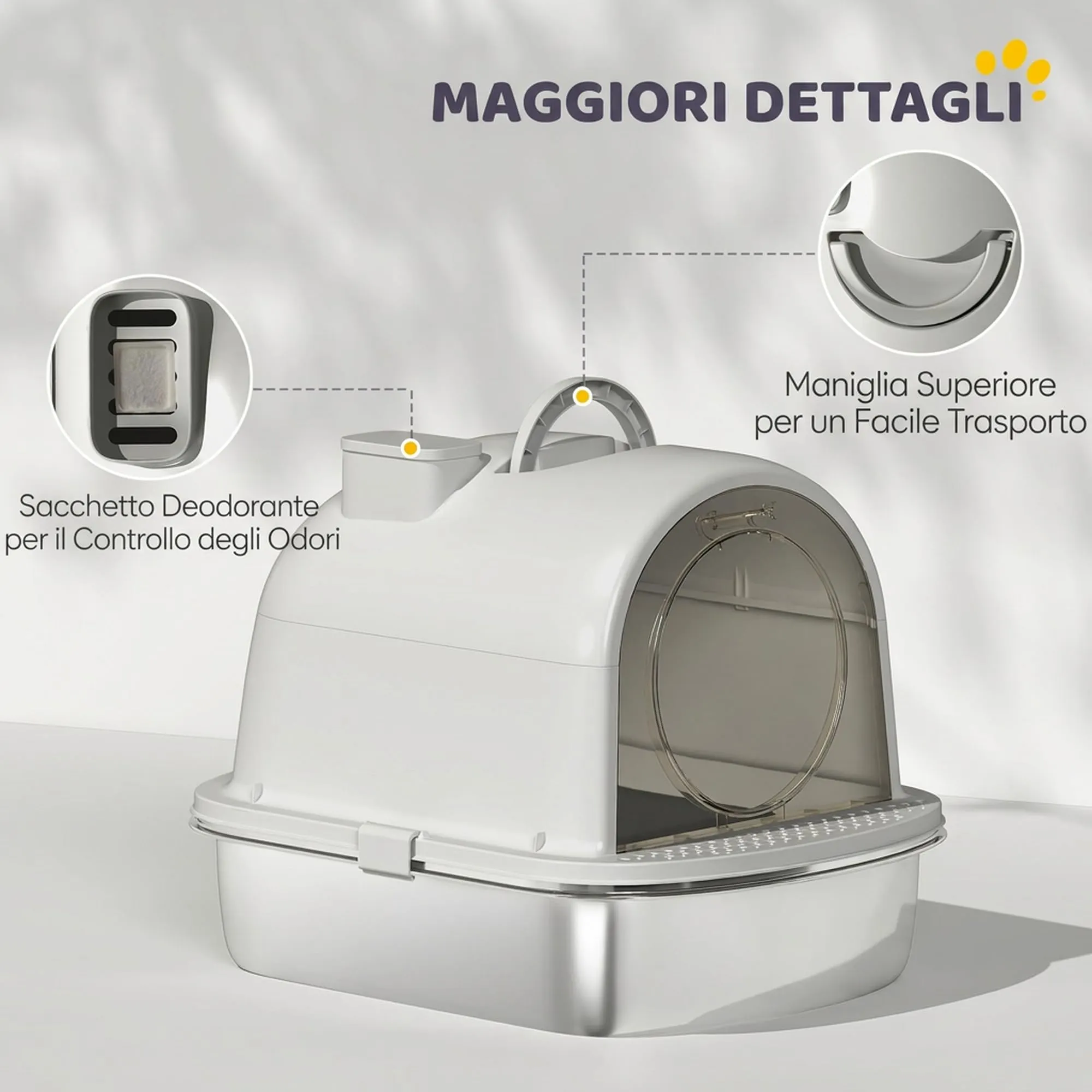 PawHut Lettiera Gatto Chiusa in Acciaio Inox con Maniglia, Grigio - immagine 6