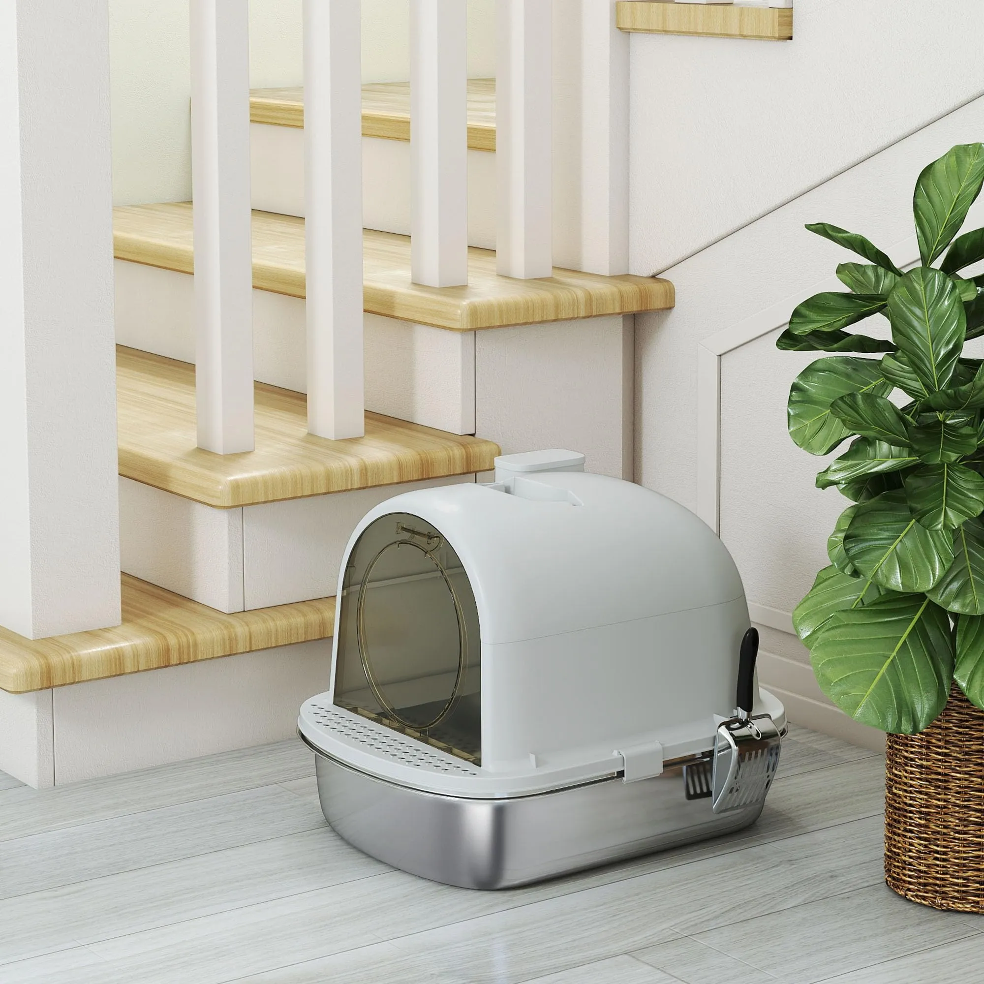 PawHut Lettiera Gatto Chiusa in Acciaio Inox con Maniglia, Grigio - immagine 8