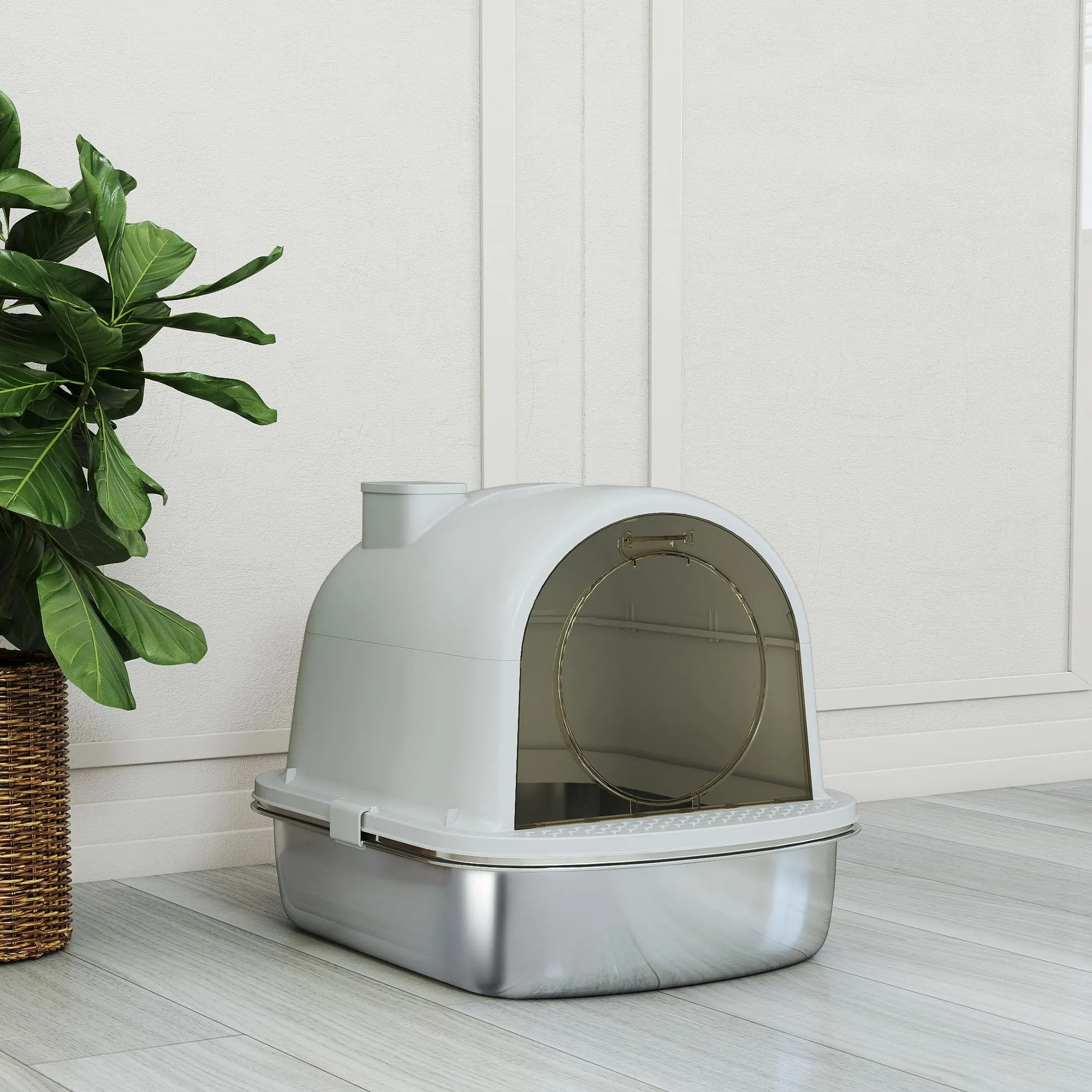 PawHut Lettiera Gatto Chiusa in Acciaio Inox con Maniglia, Grigio - immagine 9