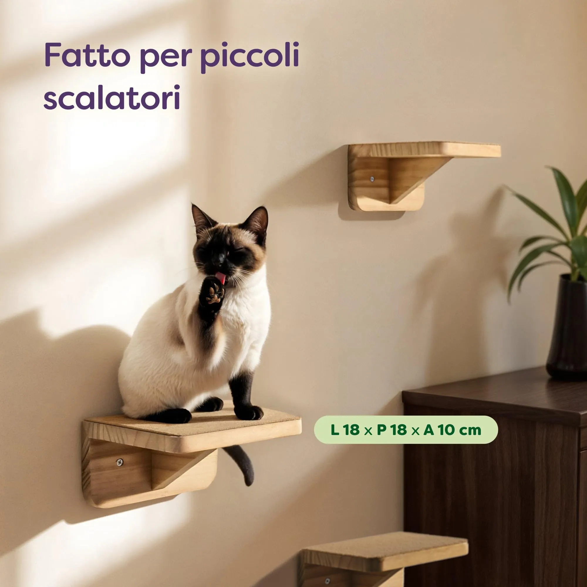 Knupis Percorso Gatti Da Parete, 3 Mensole Arrampicata in Legno di Pino FSC, Tessuto Antiscivolo, Beige - immagine 2