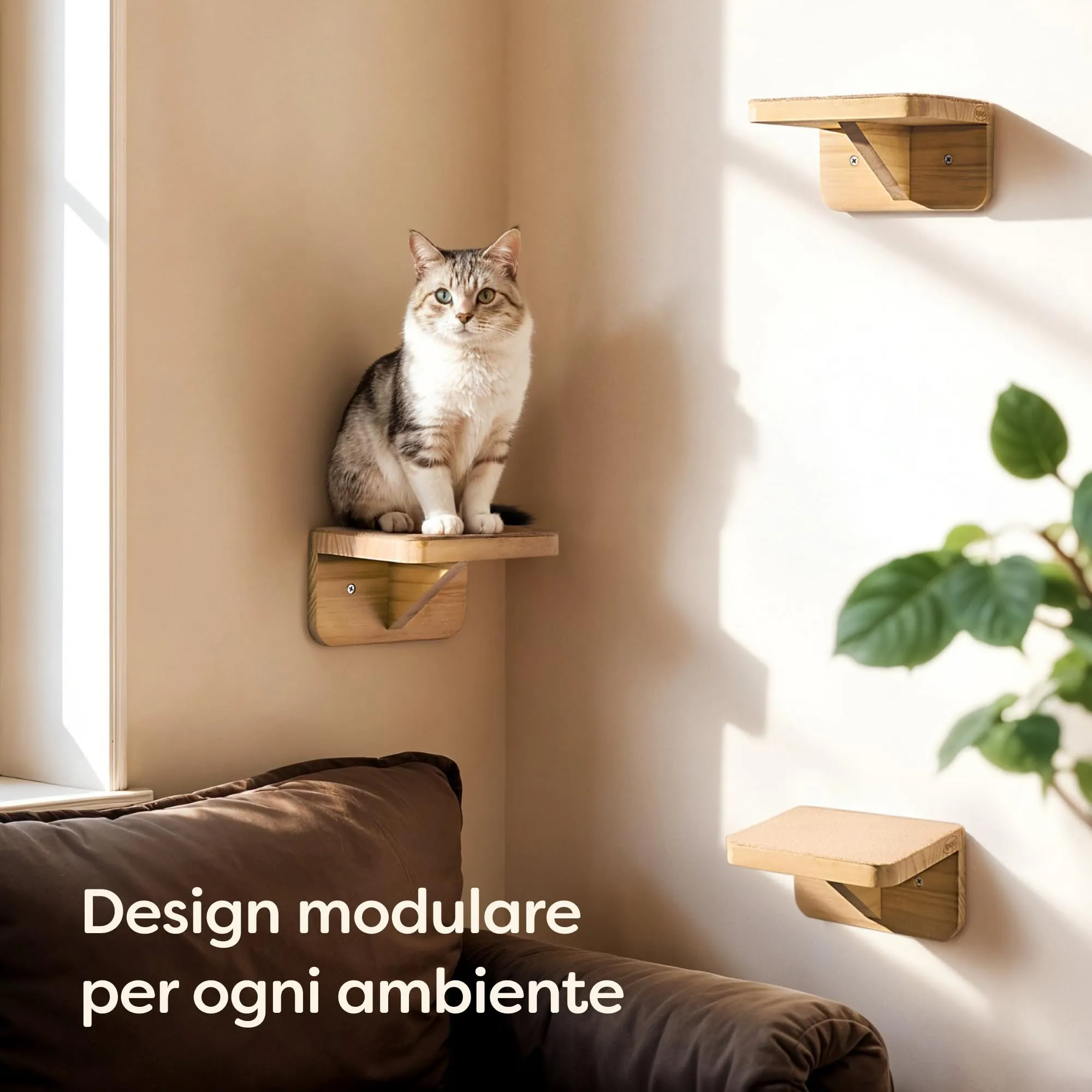 Knupis Percorso Gatti Da Parete, 3 Mensole Arrampicata in Legno di Pino FSC, Tessuto Antiscivolo, Beige - immagine 7