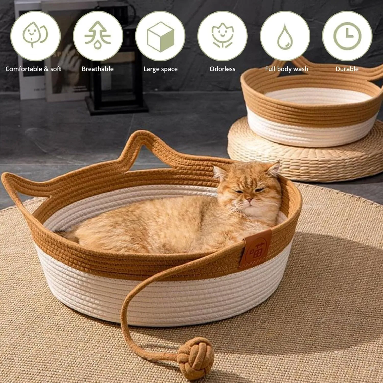 MEISO Letto per Gatti in Cotone Tessuto a Mano, Cesto Pieghevole e Traspirante con Giocattolo, M - immagine 4