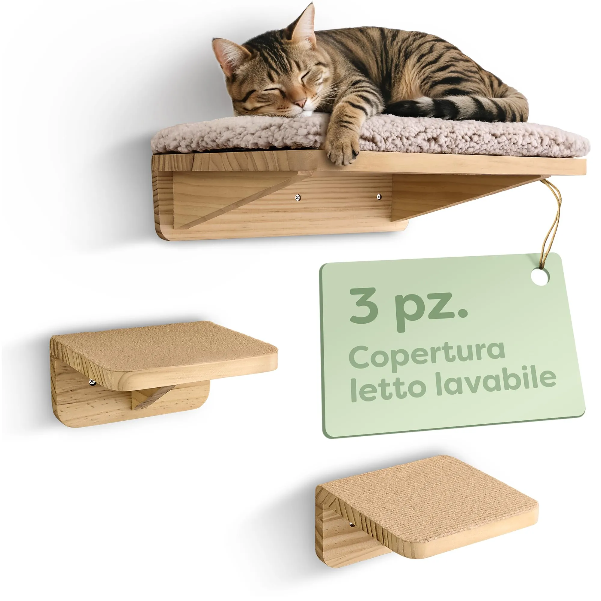 Knupis Mensole da Parete per Gatti con Letto e 2 Scale - Pino FSC Beige - immagine 1