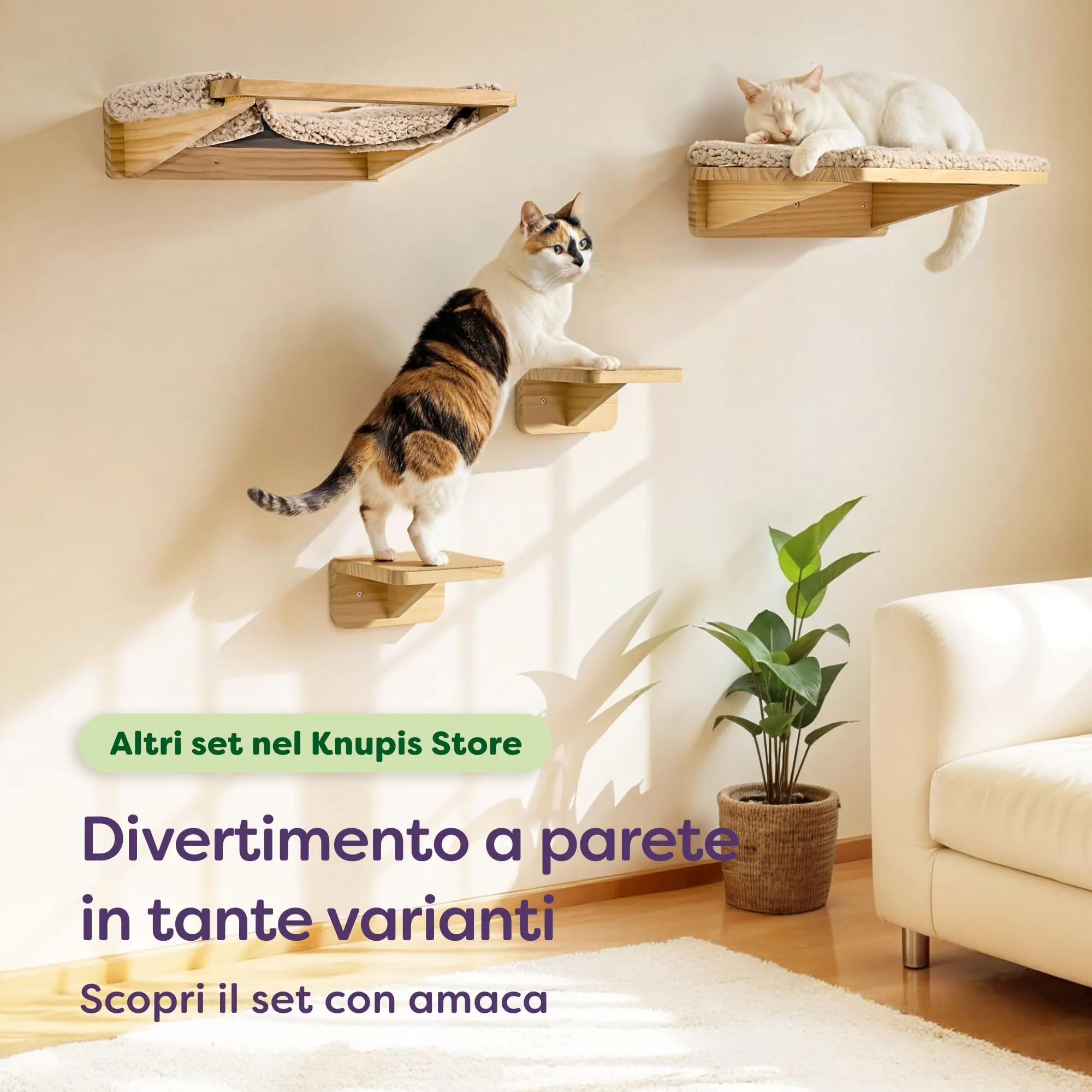 Knupis Mensole da Parete per Gatti con Letto e 2 Scale - Pino FSC Beige - immagine 7