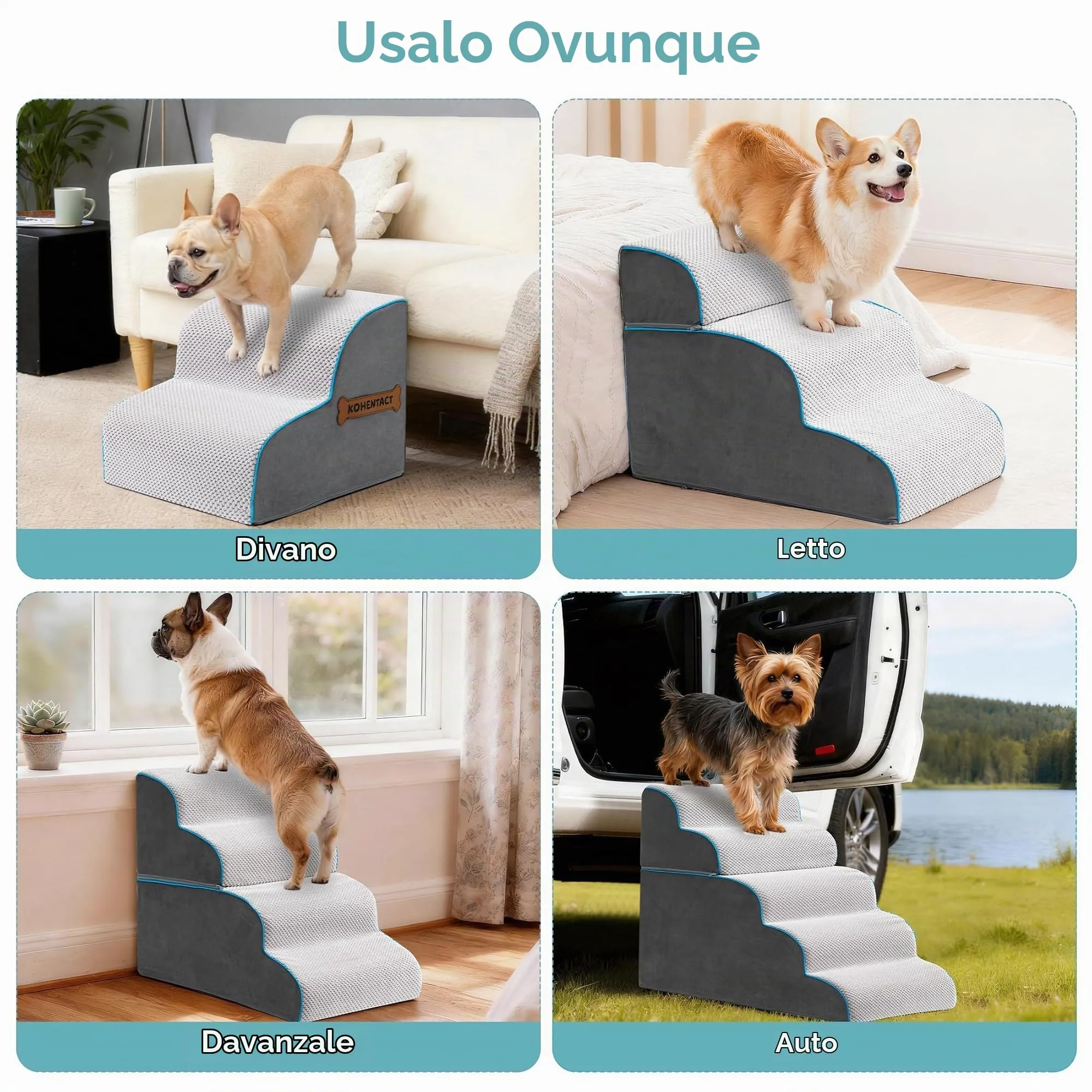 Kohentact Scaletta per Cani e Rampa per Letto e Divano, 33-61 cm, Schiuma 40D, Antiscivolo, Grigio - immagine 6