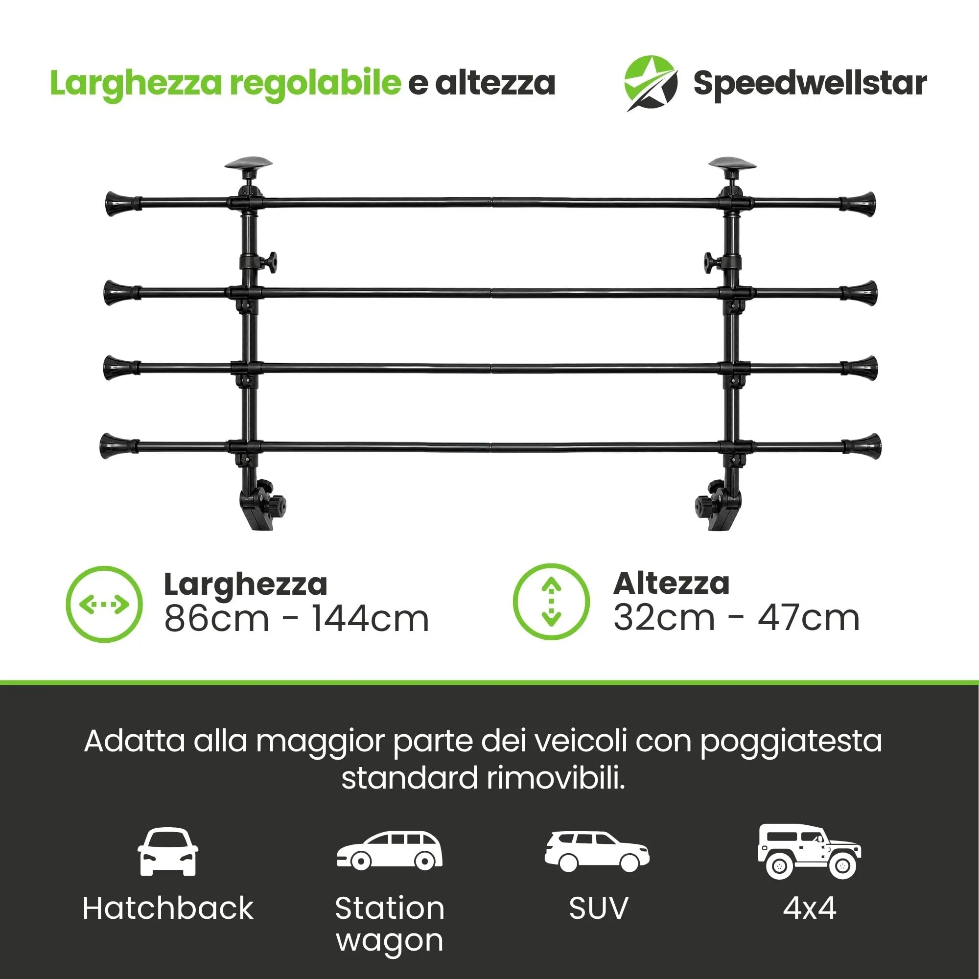 Speedwellstar Griglia per Bagagliaio con Fissaggio Regolabile ai Poggiatesta, Nero - immagine 3