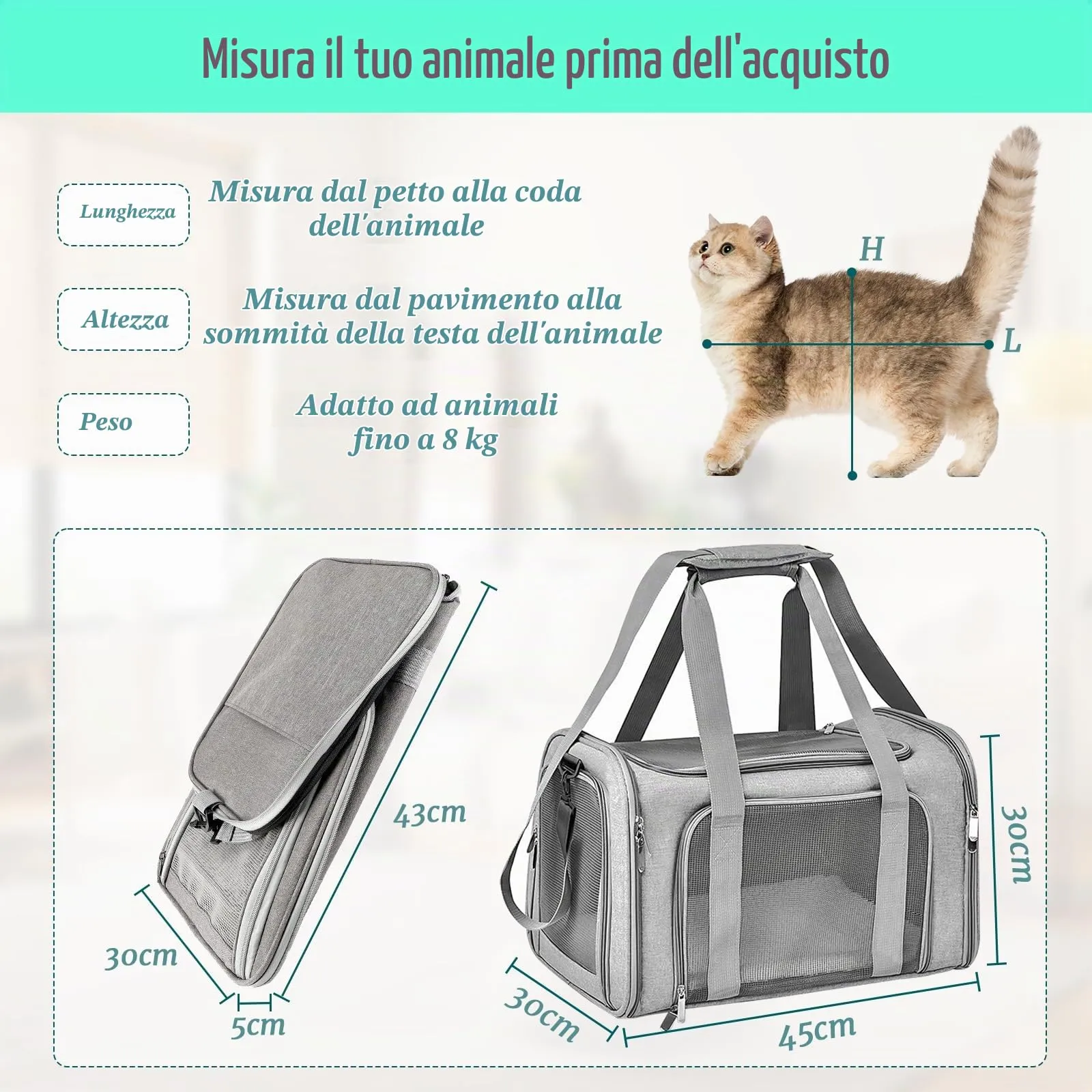 Sprifityy Trasportino per Cani e Gatti Portatile e Ripiegabile, 45x30x30cm, Grigio - immagine 2
