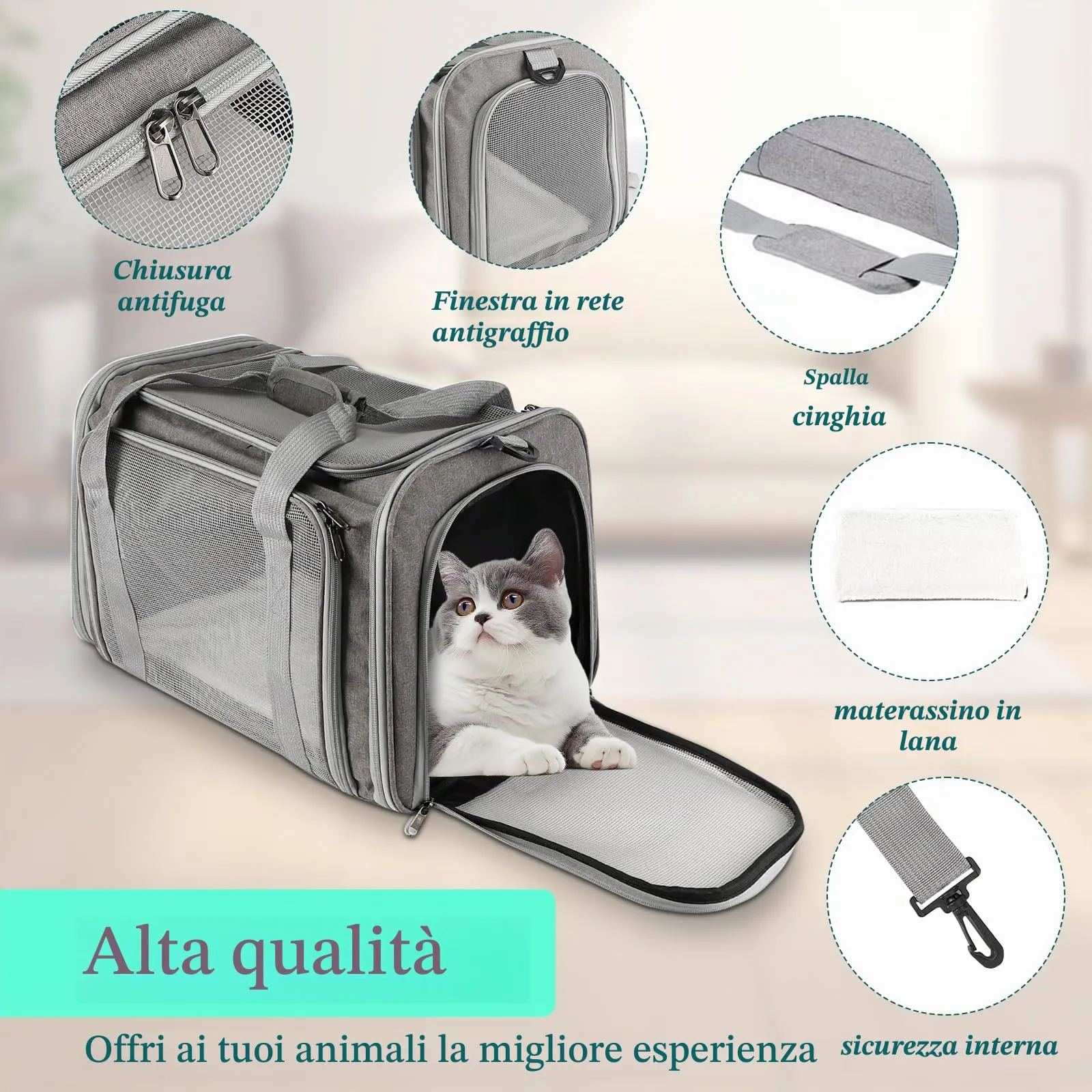 Sprifityy Trasportino per Cani e Gatti Portatile e Ripiegabile, 45x30x30cm, Grigio - immagine 3
