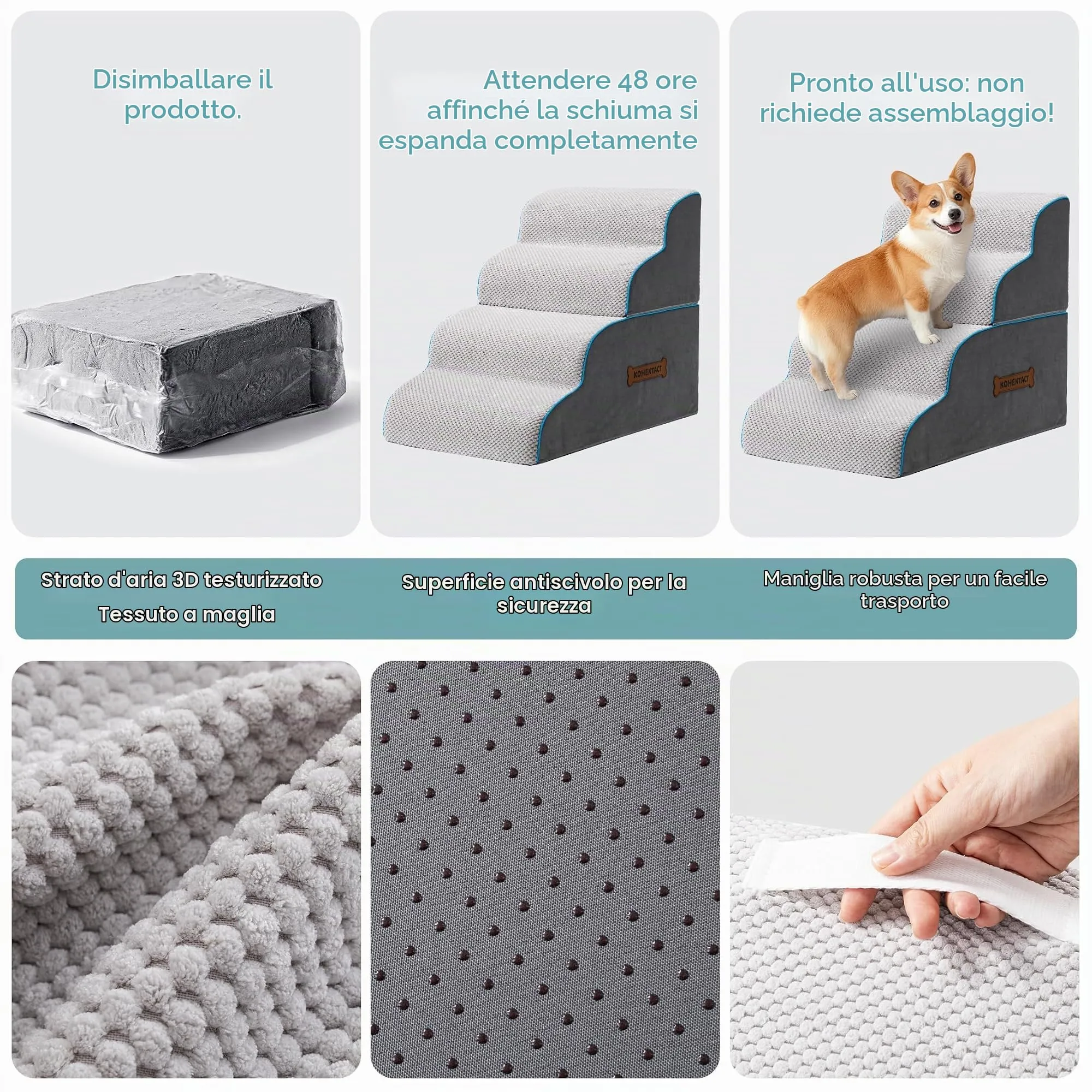 Kohentact Scaletta per Cani e Rampa per Letto e Divano, 33-61 cm, Schiuma 40D, Grigio - immagine 2